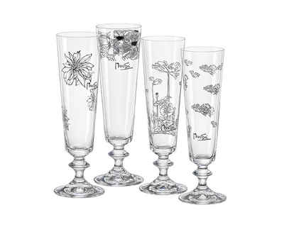 Crystalex Sektglas Sektglas Bella von Mucha 205 ml 4er Set Kristallglas, Kristallglas, 4 verschiedene bedruckte Gläser