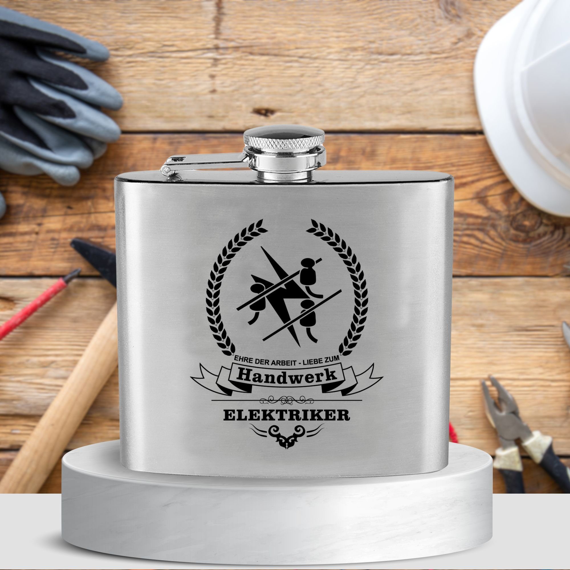 Lasernauten Flachmann Edelstahl Flachmann mit Gravur Elektriker Handwerk Zunft Trinkflasche, Edelstahl