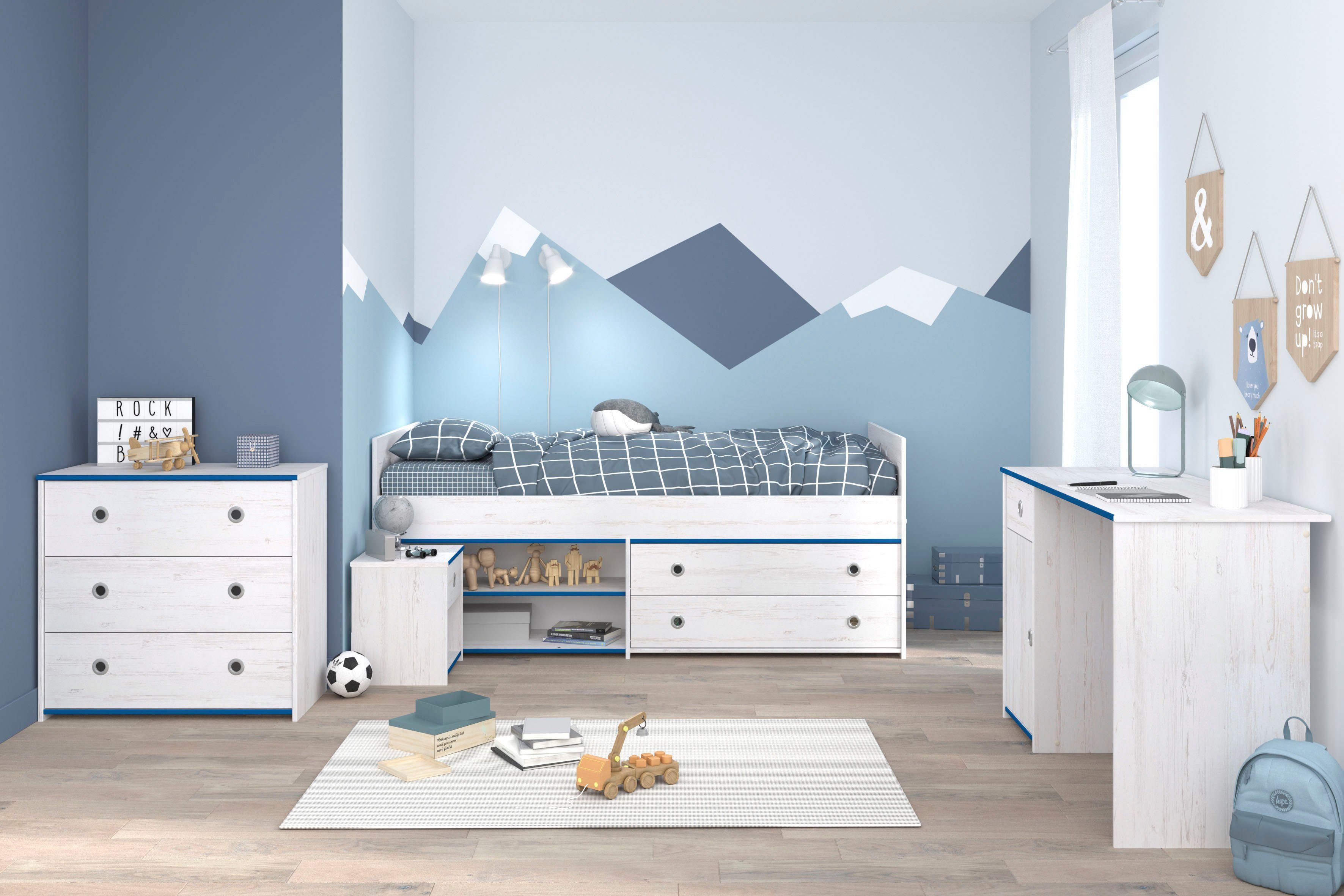 Parisot Jugendzimmer-Set Smoozy, (4-tlg., Stauraumbett, Nachttisch, Schreibtisch und Schubkastenkommode)