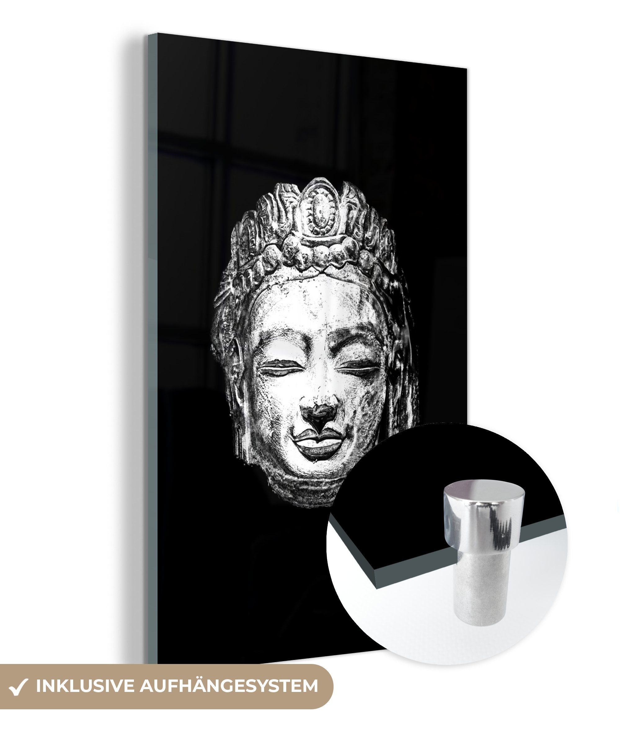 MuchoWow Acrylglasbild Kopf eines goldenen Buddhas - schwarz und weiß, (1 St), Glasbilder - Bilder auf Glas Wandbild - Foto auf Glas - Wanddekoration bunt