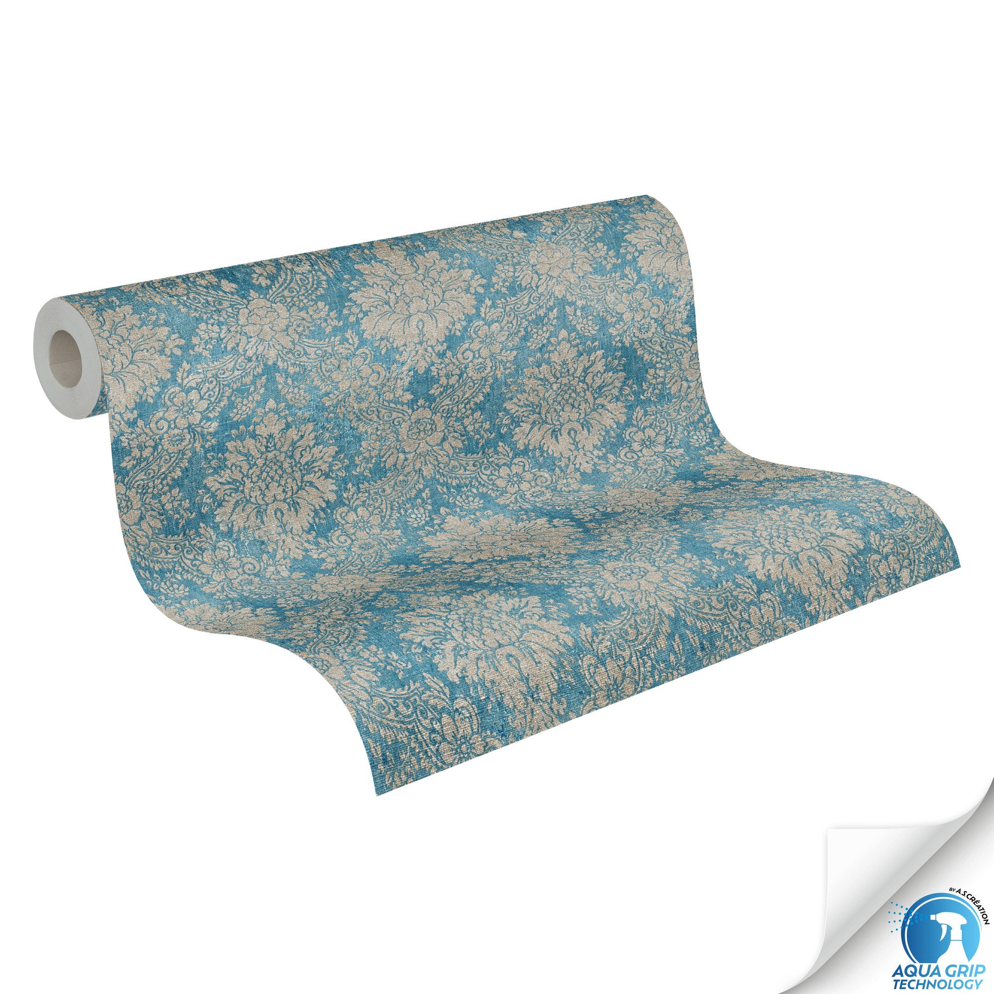 living walls Vliestapete DesignDrop vorgeleimte Tapete Barock Mustertapete Blau Braun, strukturiert, matt, (1 St), Vliestapete vorgekleistert Ornamente für Schlafzimmer Wohnzimmer Küche