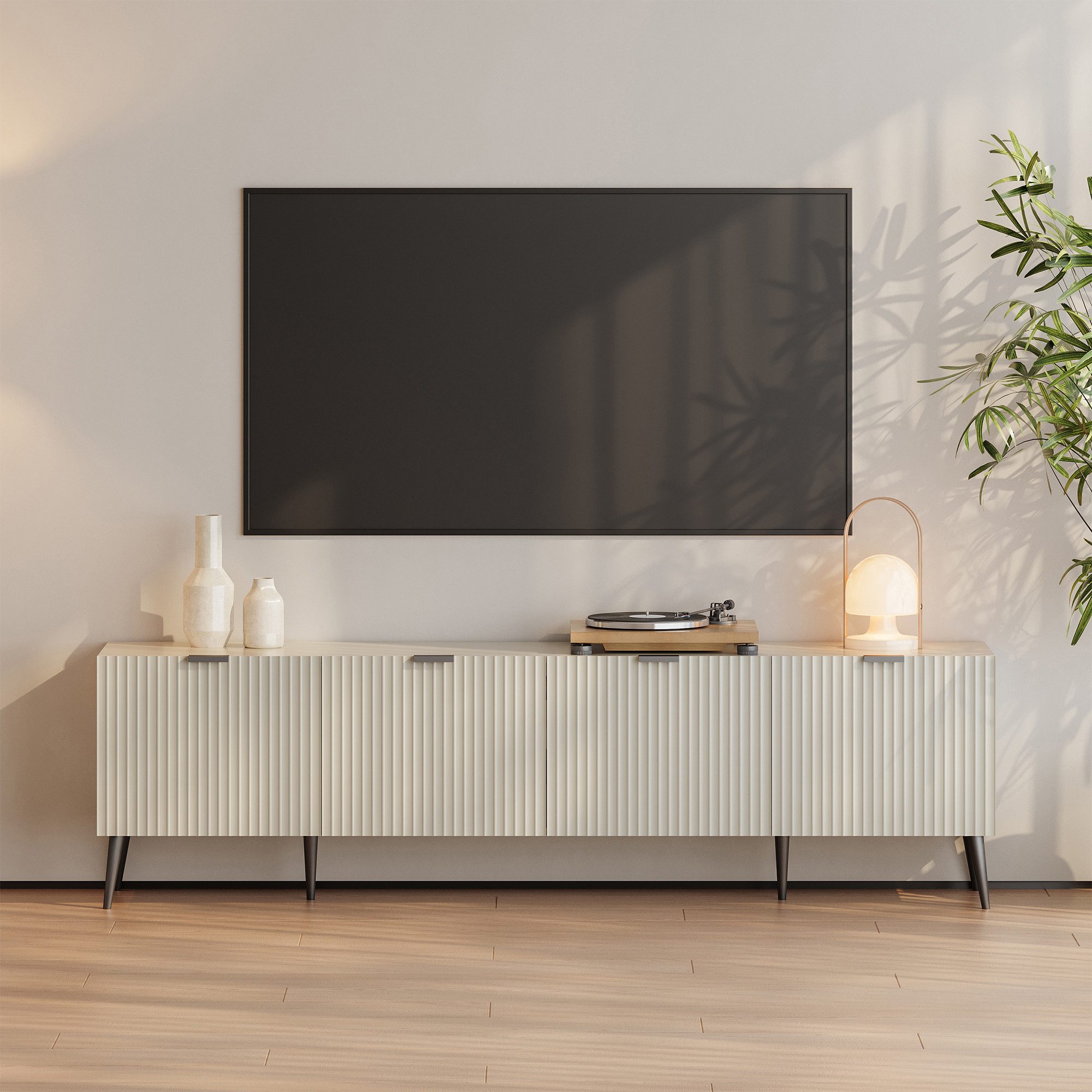 en.casa TV-Schrank »Nand« mit 4 Türen geriffelt 180 x 35 x 51 cm Sandfarben günstig online kaufen