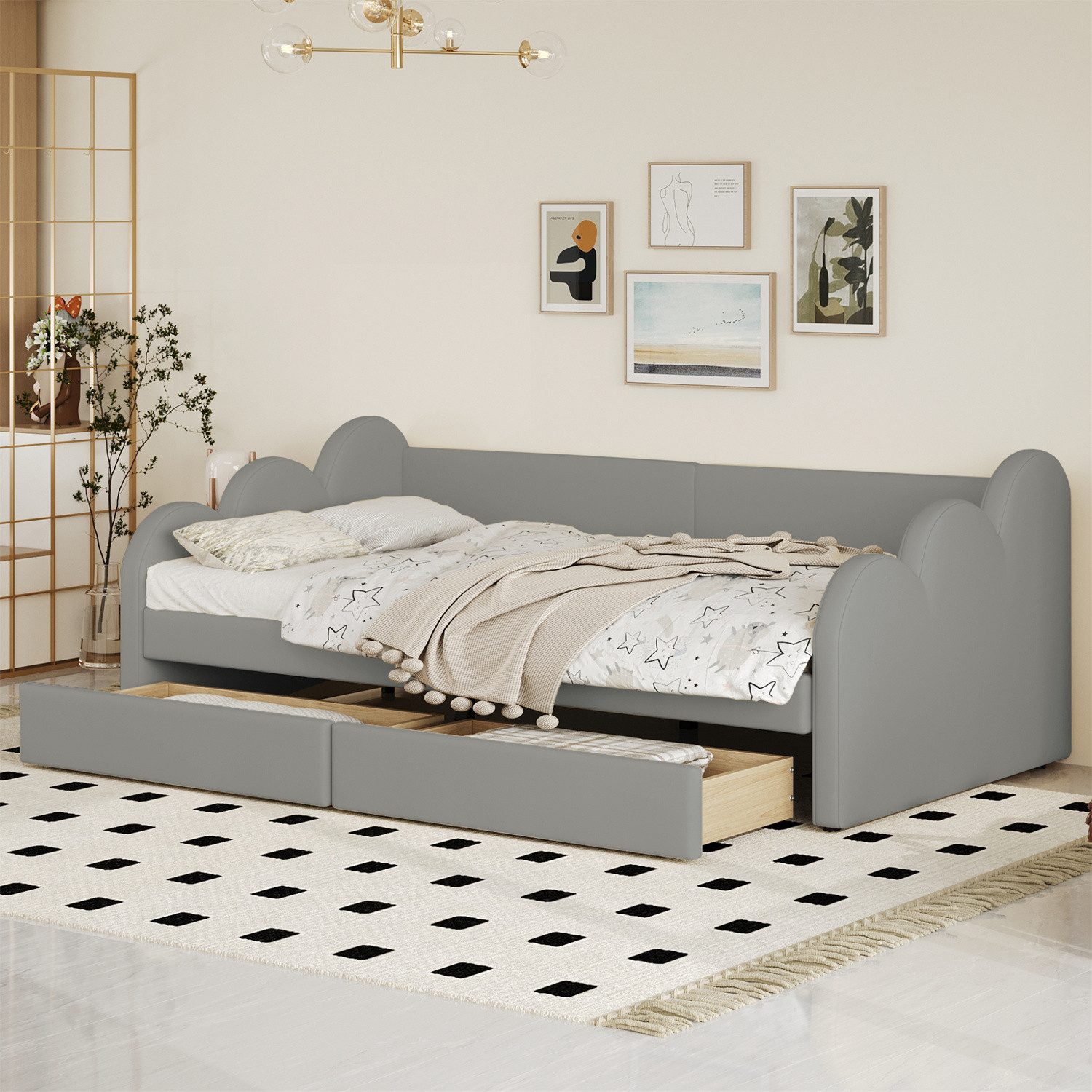 autolock Schlafsofa Polsterbett 90*200cm,Schlafsofa mit 2 Ablagefächern