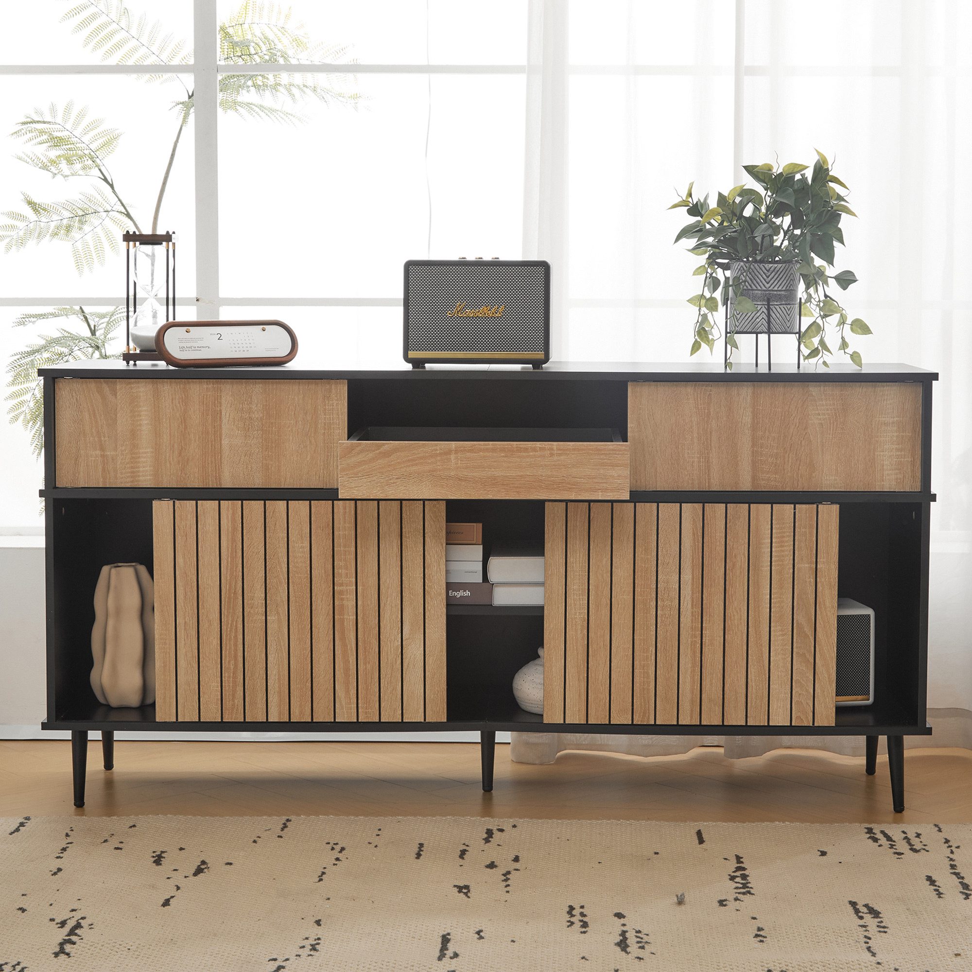 Flieks Kommode mit 4 Schiebetüren und 1 Schublade (1 St., 160Bx40Tx80H cm), Sideboard mit verstellbar Ablagen Küchenschrank Mehrzweckschrank Holz