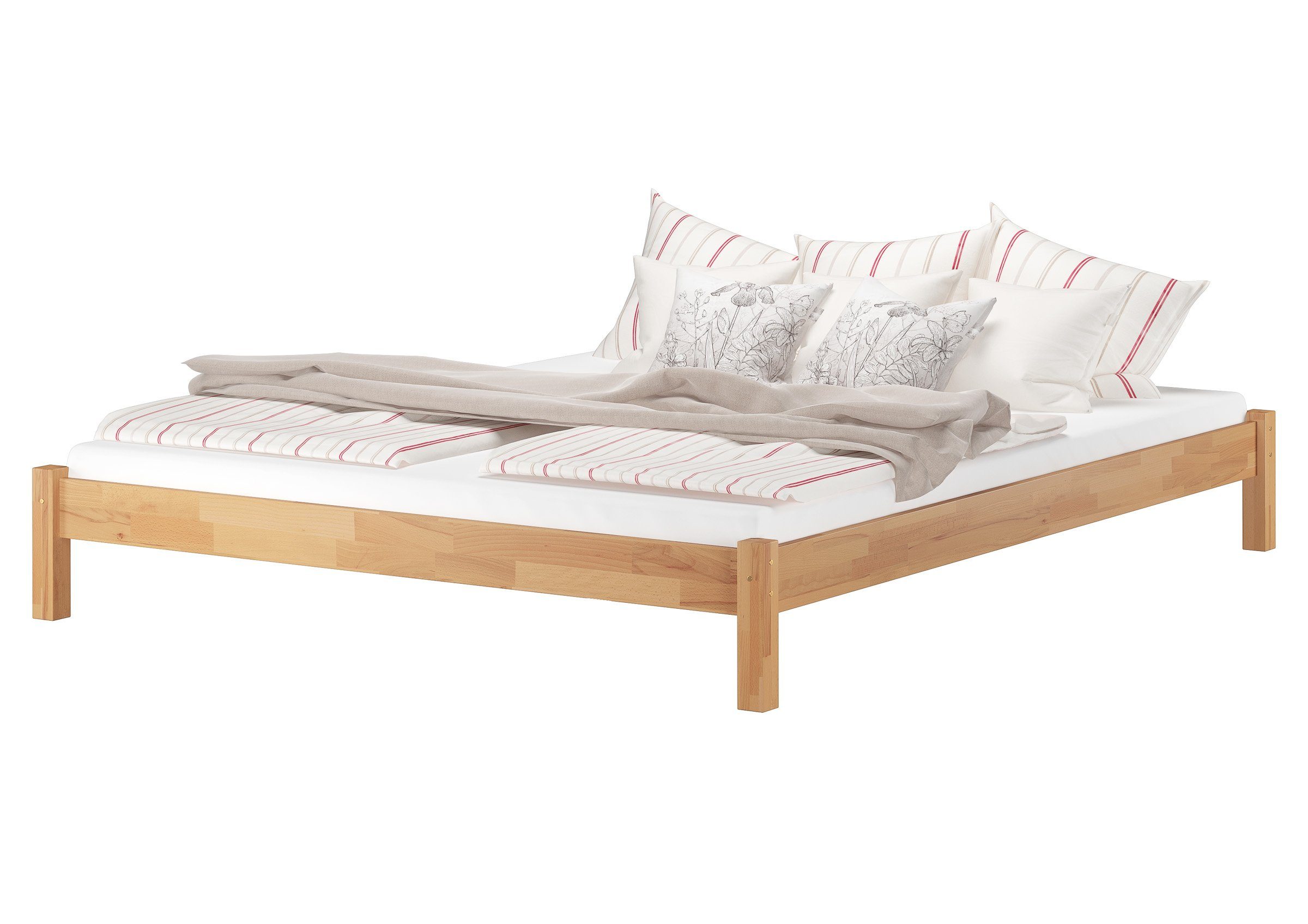 ERST-HOLZ Massivholzbett Stabiles Doppelbett 180 cm x 200 cm Buche Massiv für Erwachsene, Buche farblos lackiert