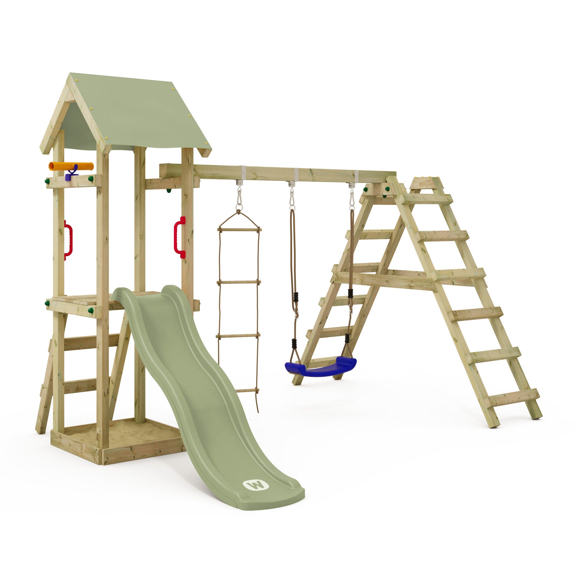 Wickey Spielturm TinyLoft - Garten-Klettegerüst für Kleinkinder mit Schaukel, Kinderspielhaus mit Kletterwand, Rutsche & 10-Jahren Garantie*