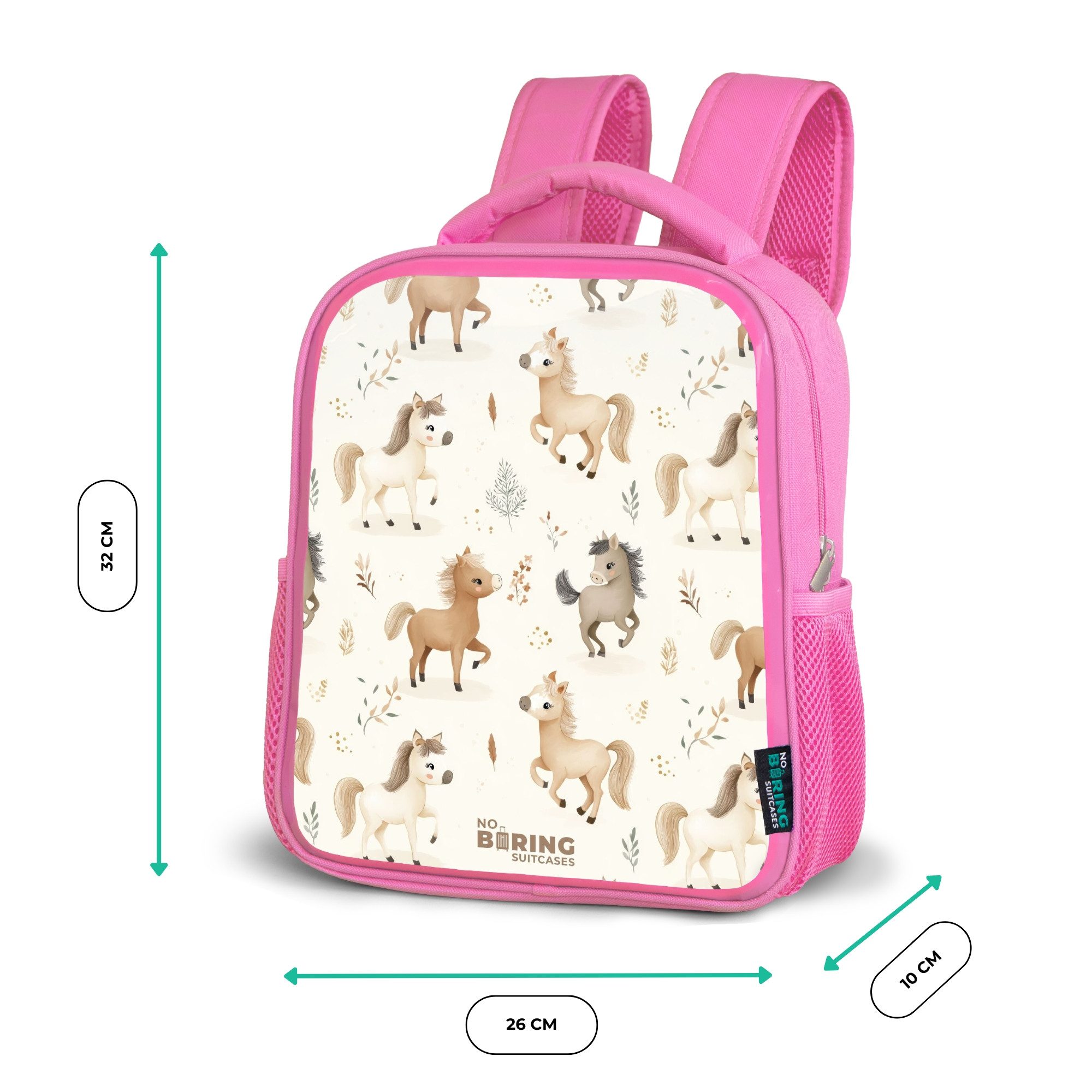 NoBoringSuitcases.com© Rucksack Rosa - Muster der Fohlen in den Farben beige und braun, Kinderrucksack, Schulrucksack, Freizeitrucksack, Mädchen, Kindergarten
