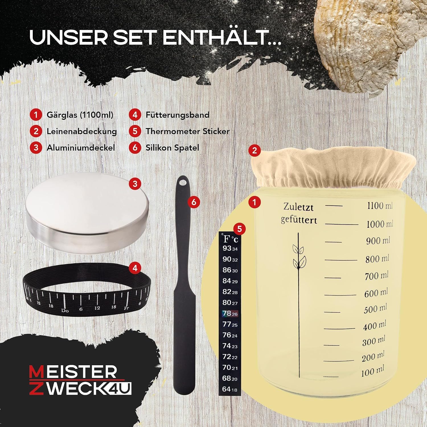 MEISTERZWECK4U Fermentationsglas Sauerteig Starter Set zum Brot backen - 1100ml Gärglas mit Thermometer, (7-teiliges Sauerteig Set für Fermentation und Brotback – Bild 3 von 5