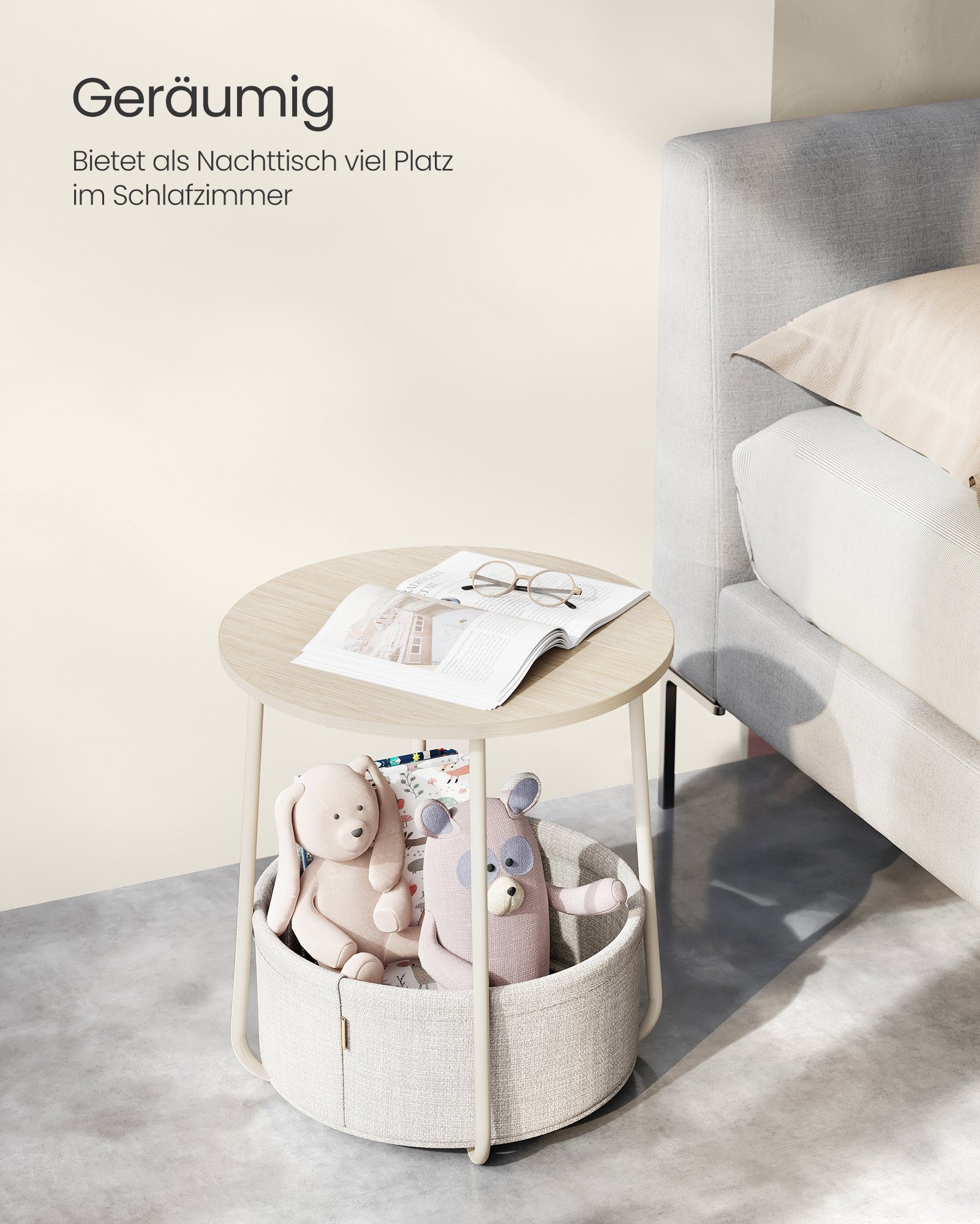 VASAGLE Beistelltisch, rund, Couchtisch, mit Korb aus Stoff, Ø45 cm, modern