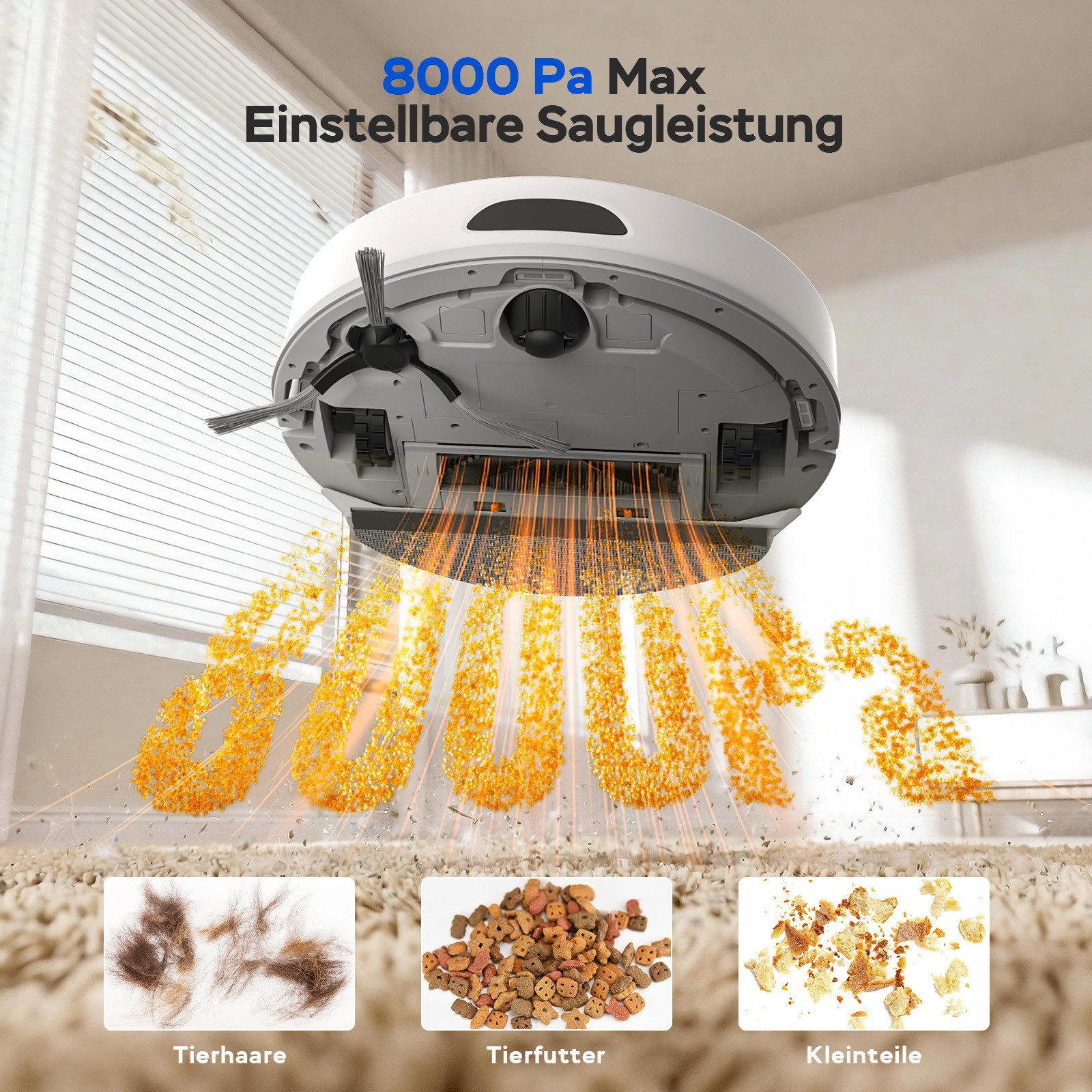 Teendow Saugroboter 8000Pa Saugroboter mit Wischfunktion & Selbstreinigung Tierhaare, 850 W, mit Beutel, Mit Haarschneidemaschine für die Haustierpflege,70 Tage,240min,3L