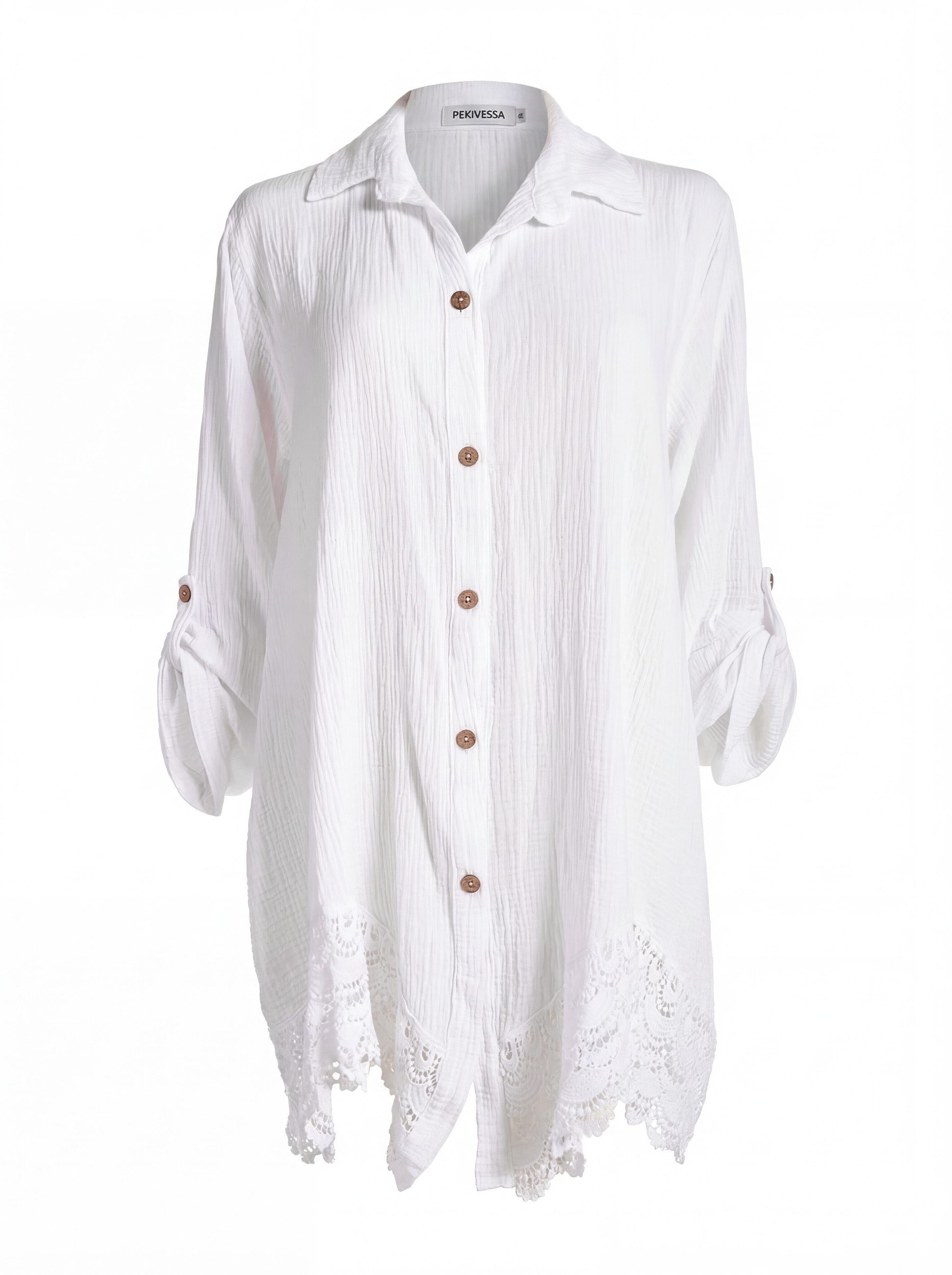 PEKIVESSA Longbluse Oversized Musselin Longbluse mit Häkelspitze am Saum günstig online kaufen