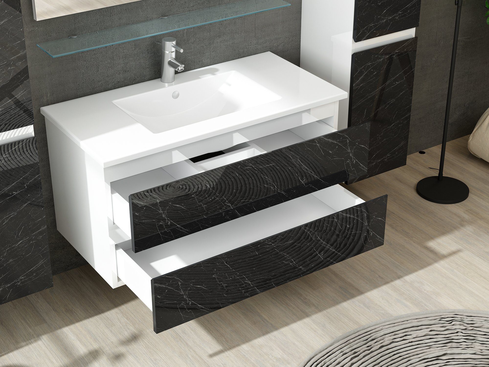 Homeline Badmöbel-Set Badmöbel Set 90 cm Schwarz / Weiß Badmöbel Set 90 cm Bad marmoroptik, (6-St)