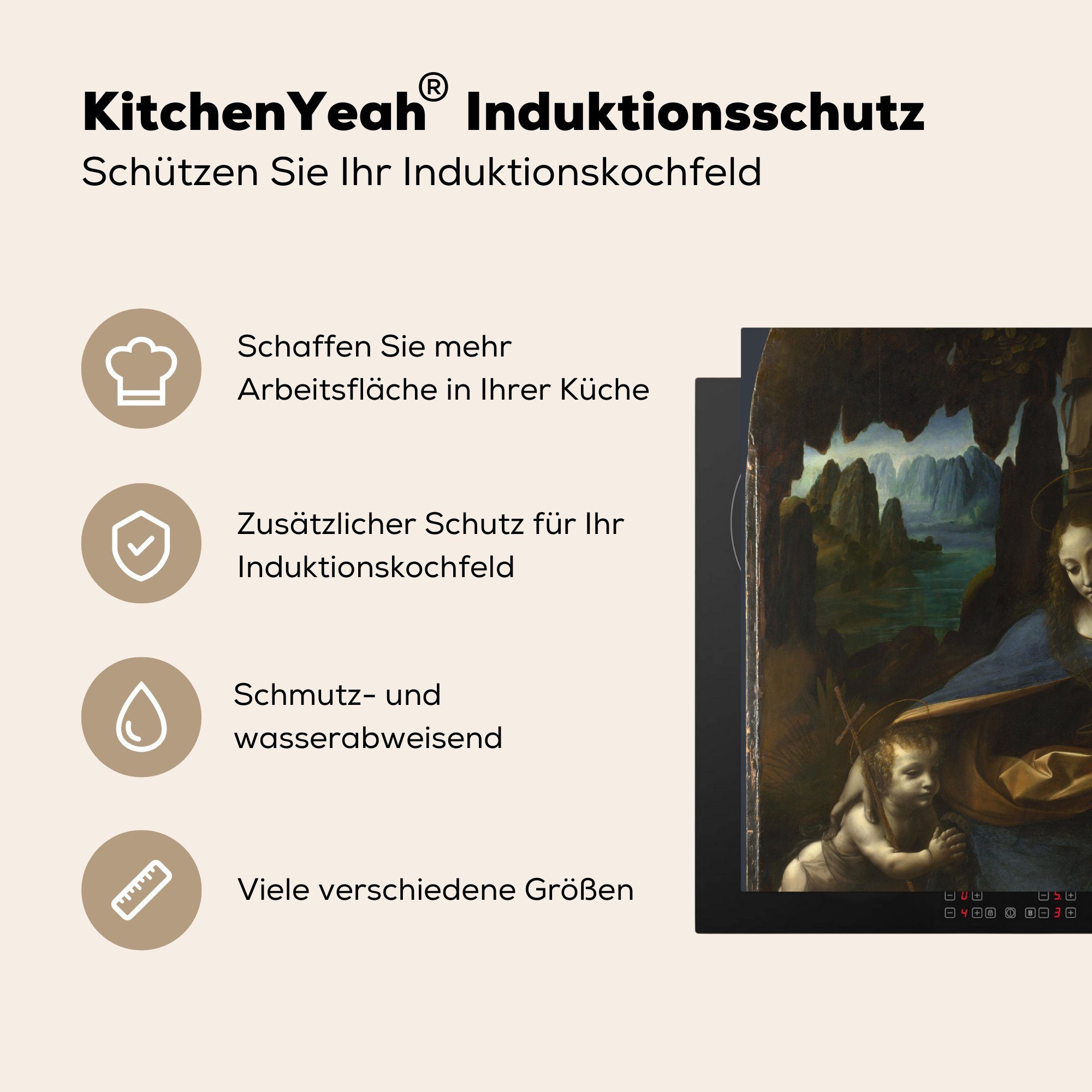 MuchoWow Herdblende-/Abdeckplatte Jungfrau auf dem (1 Felsen Arbeitsfläche Leonardo da Ceranfeldabdeckung 70x52 Vinyl, Mobile nutzbar, cm, tlg), - Vinci