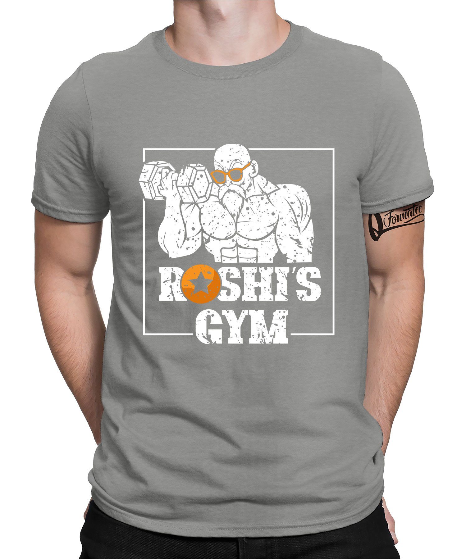 Gym Kurzarmshirt Herren - (1-tlg) Fitness Quattro Formatee Workout Roshi's T-Shirt Grau Heather