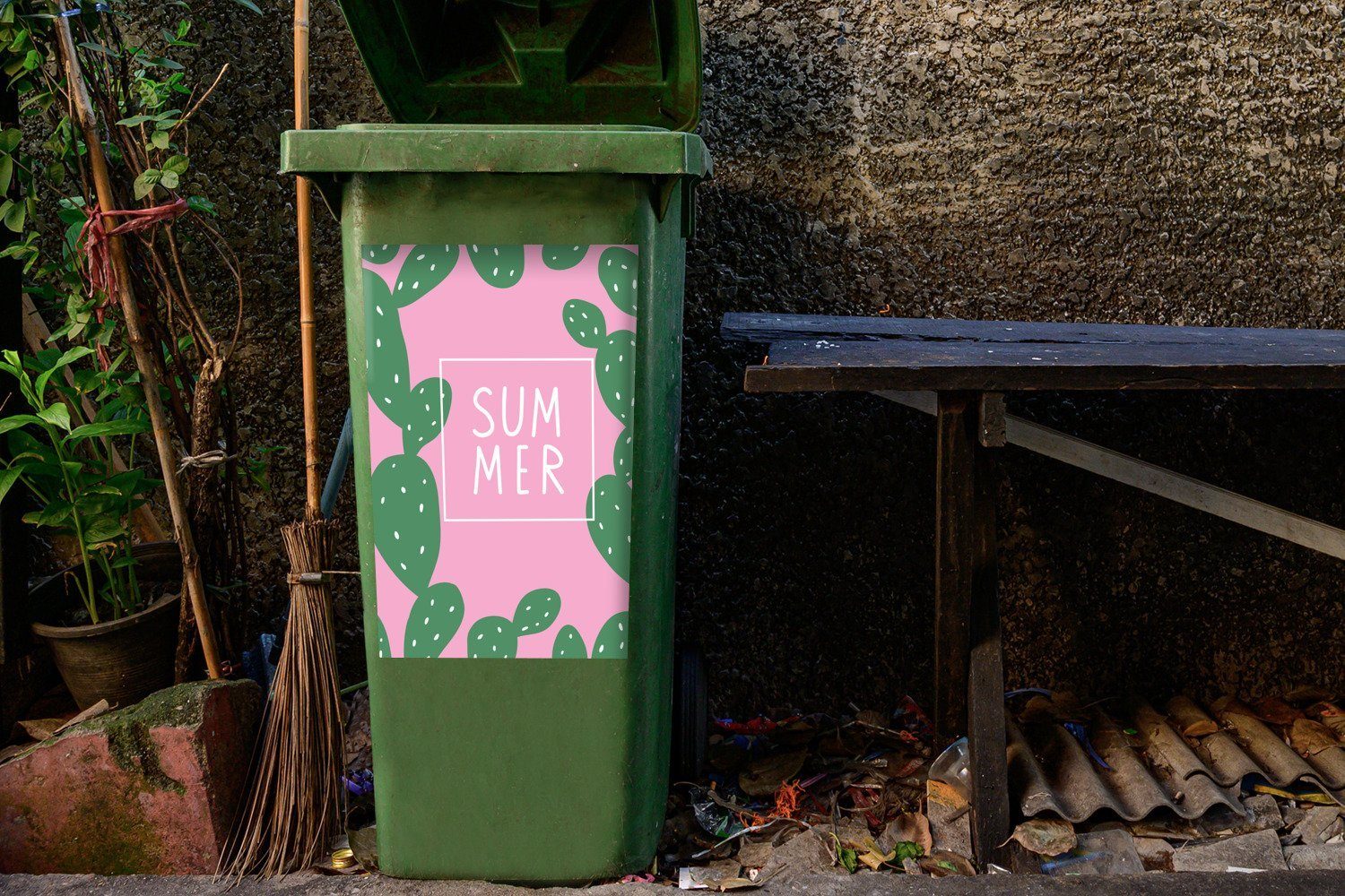 MuchoWow Wandsticker Zitate - - Kaktus Mülltonne, - Sommer Abfalbehälter St), (1 Sticker, Rosa Container, Mülleimer-aufkleber, - Muster