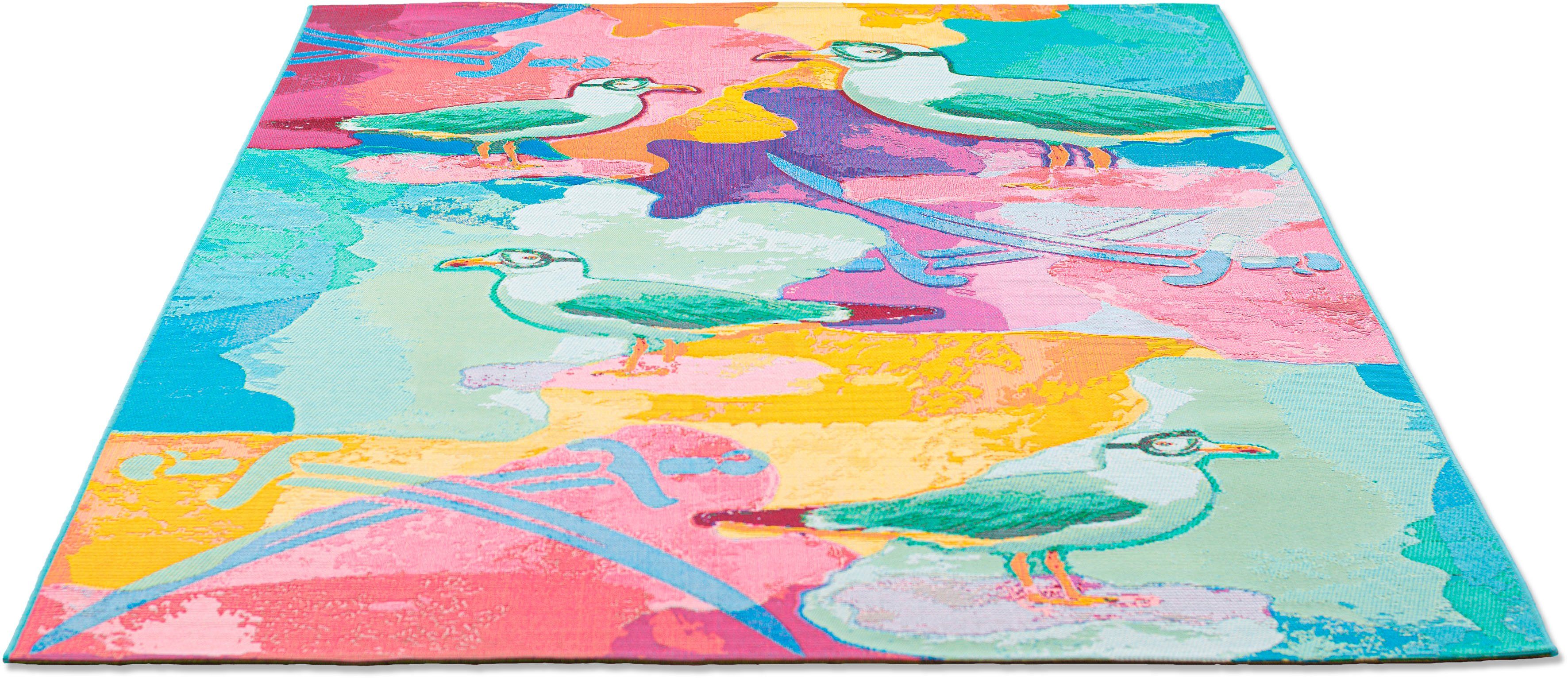 Sansibar Teppich Rantum Beach SA-022, rechteckig, Höhe: 5 mm, Flachgewebe, modernes Design, Motiv Möven, In- & Outdoor geeignet