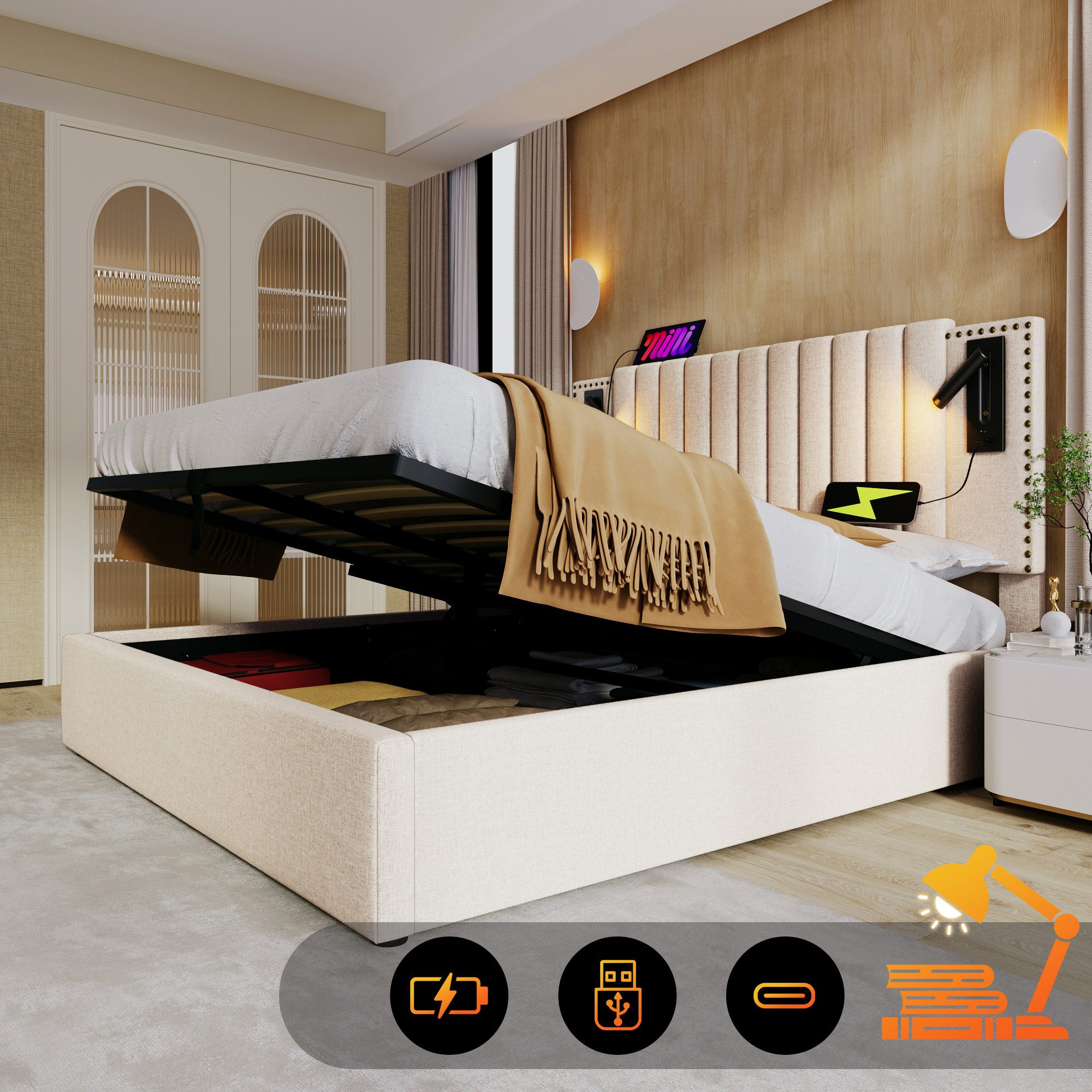 TavilaEcon Boxspringbett Polsterbett mit verstellbarem Kopfteil im Nieten-Design, mit stromlinienförmigem Design und Stauraum unter dem Bett