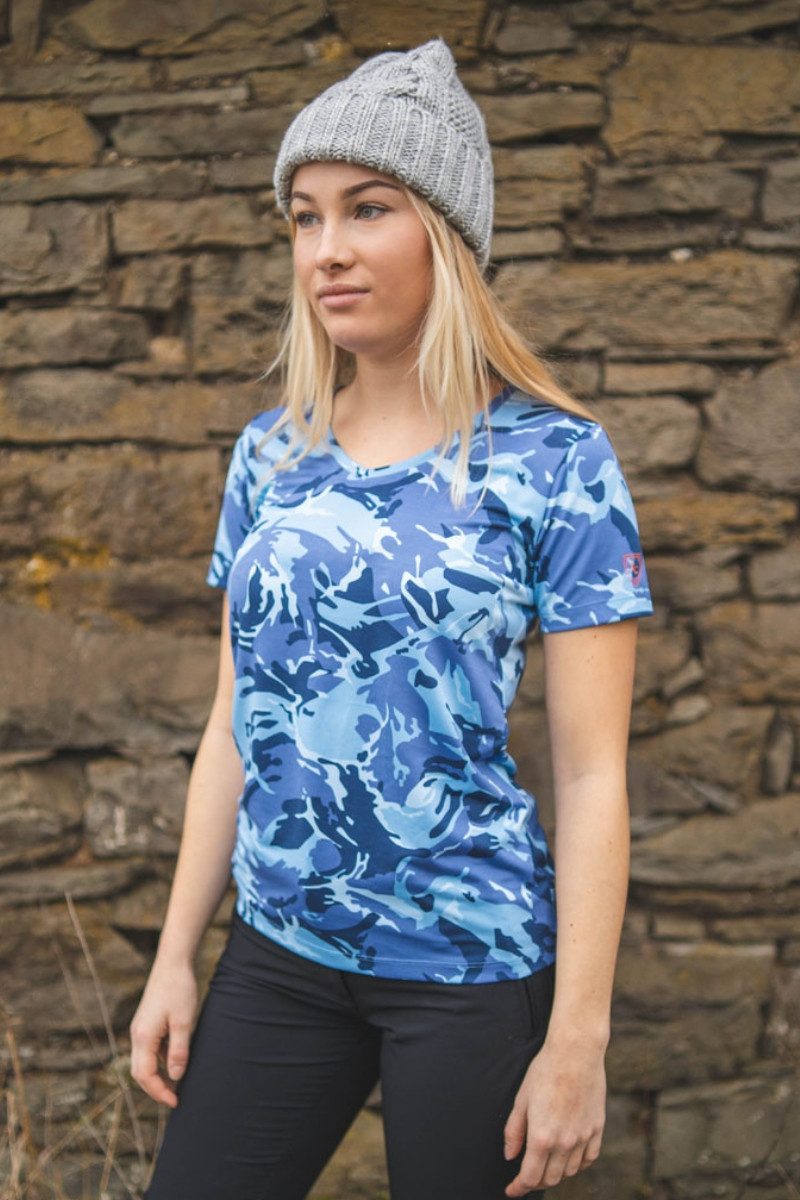 Outdoorbluse Wandershirt Damen - RENITA - blau, oliv/orange