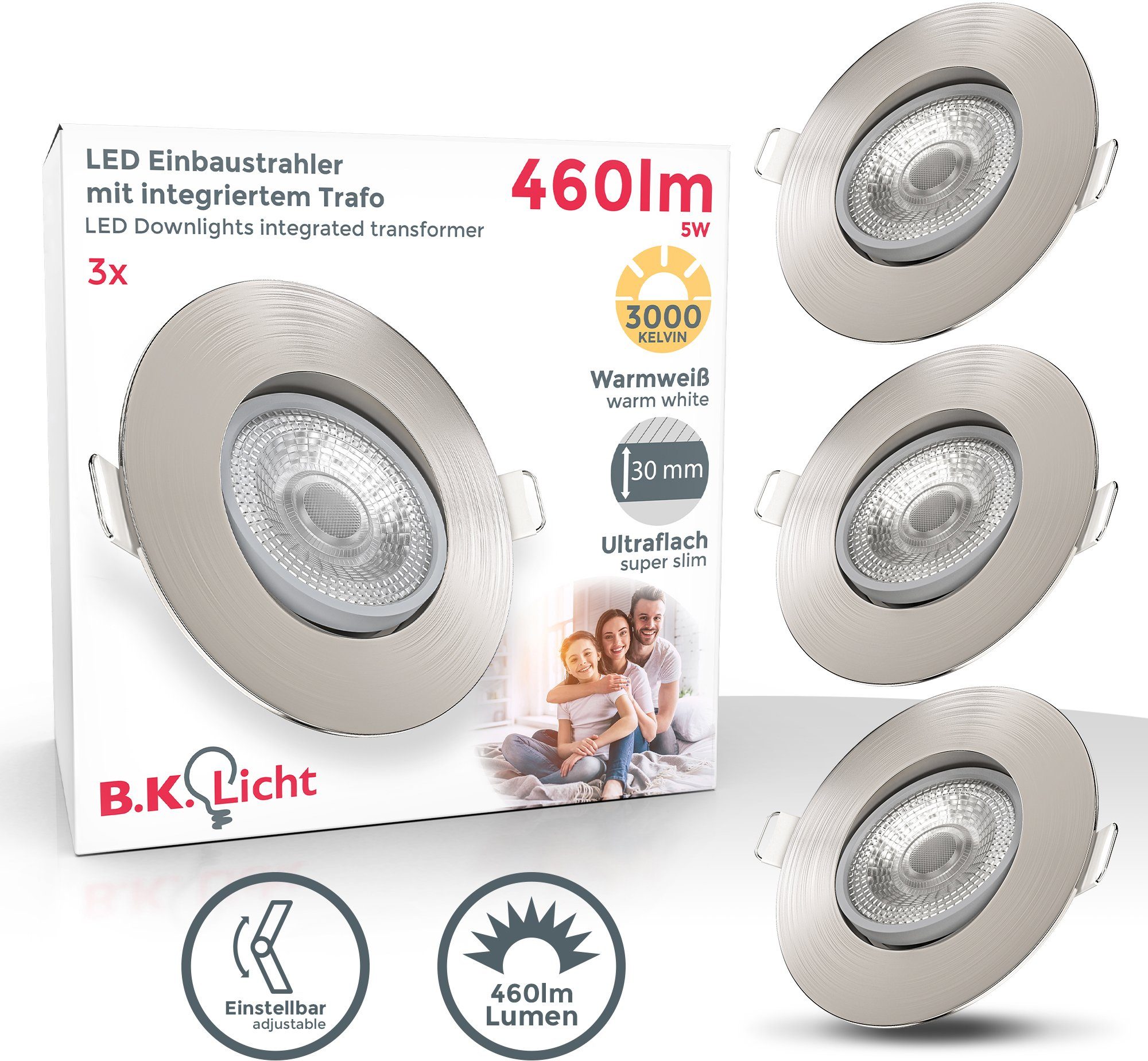 B.K.Licht LED Einbauleuchte, LED fest integriert, Warmweiß, Einbauspots, schwenkbar, ultra-flach, inkl. 5W 460 Lumen, matt-nickel