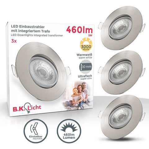 B.K.Licht LED Einbauleuchte, LED fest integriert, Warmweiß, Einbauspots, schwenkbar, ultra-flach, inkl. 5W 460 Lumen, matt-nickel