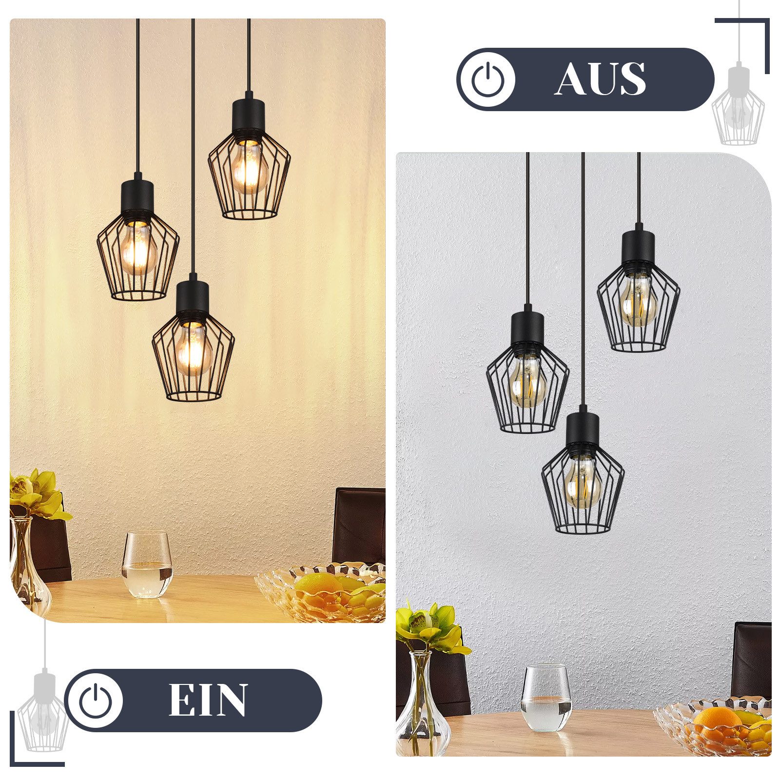 Nettlife Pendelleuchte Retro Schwarz Esstisch E27 Metall Industrie Stil Hängelampe, ohne Leuchtmittel, Wohnzimmer Küche Schlafzimmer Cafe – Bild 5 von 5