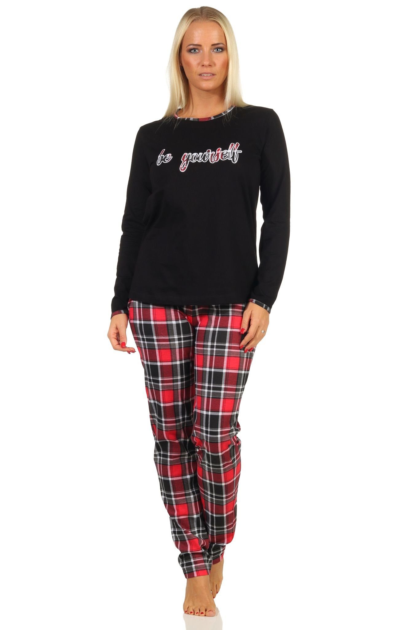 Normann Pyjama Damen Pyjama Karohose Frontprint - mit und schwarz in lang auch Übergrößen