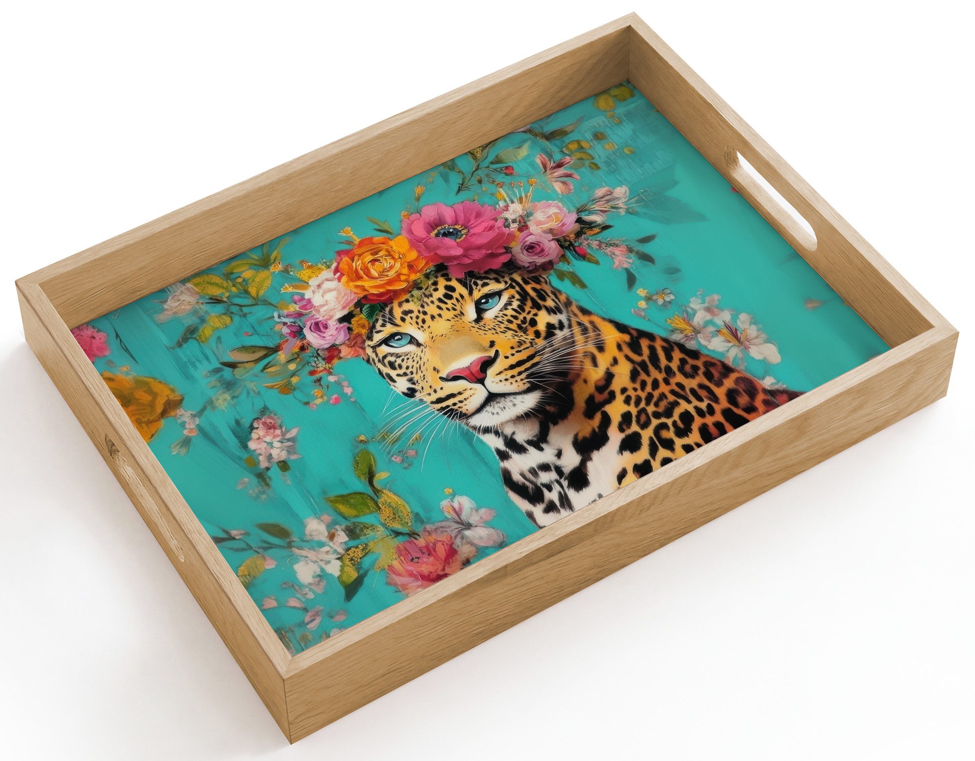 OnlyWow Tablett Rechteckig mit Henkel Leopard - Blumen - Krone, Eichenholz, (1-tlg), Siervierplatte, Tray, Frühstücksbrett