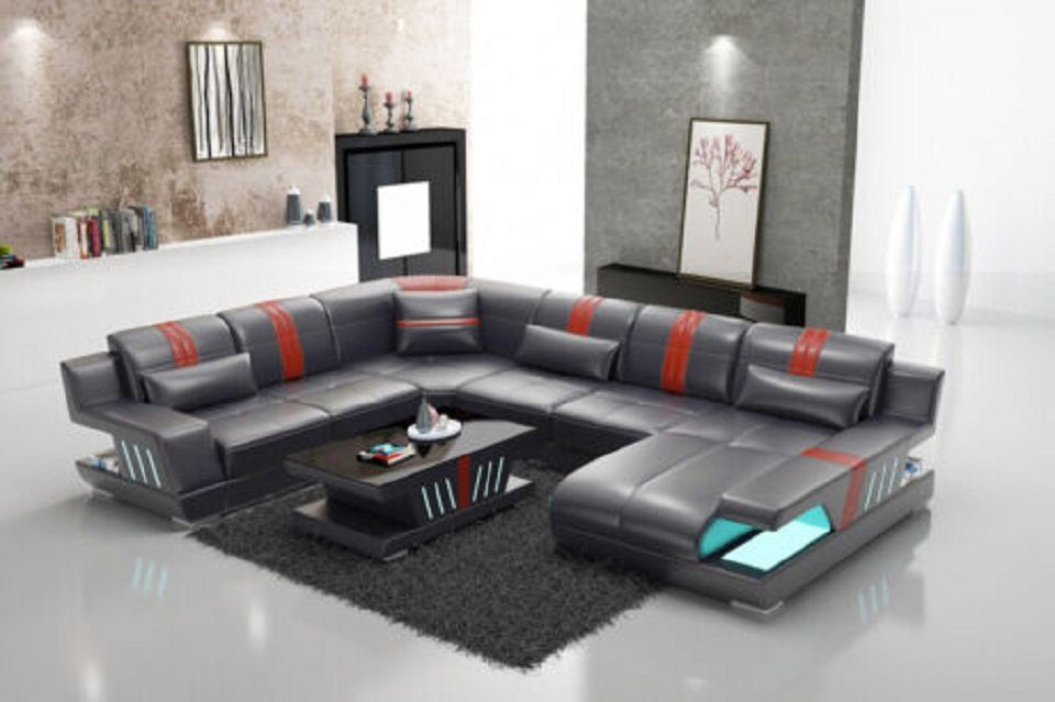 Couch Wohnlandschaft Grau/Rot Sofa Ecksofa Design Modern UForm Sofas JVmoebel Ledersofa
