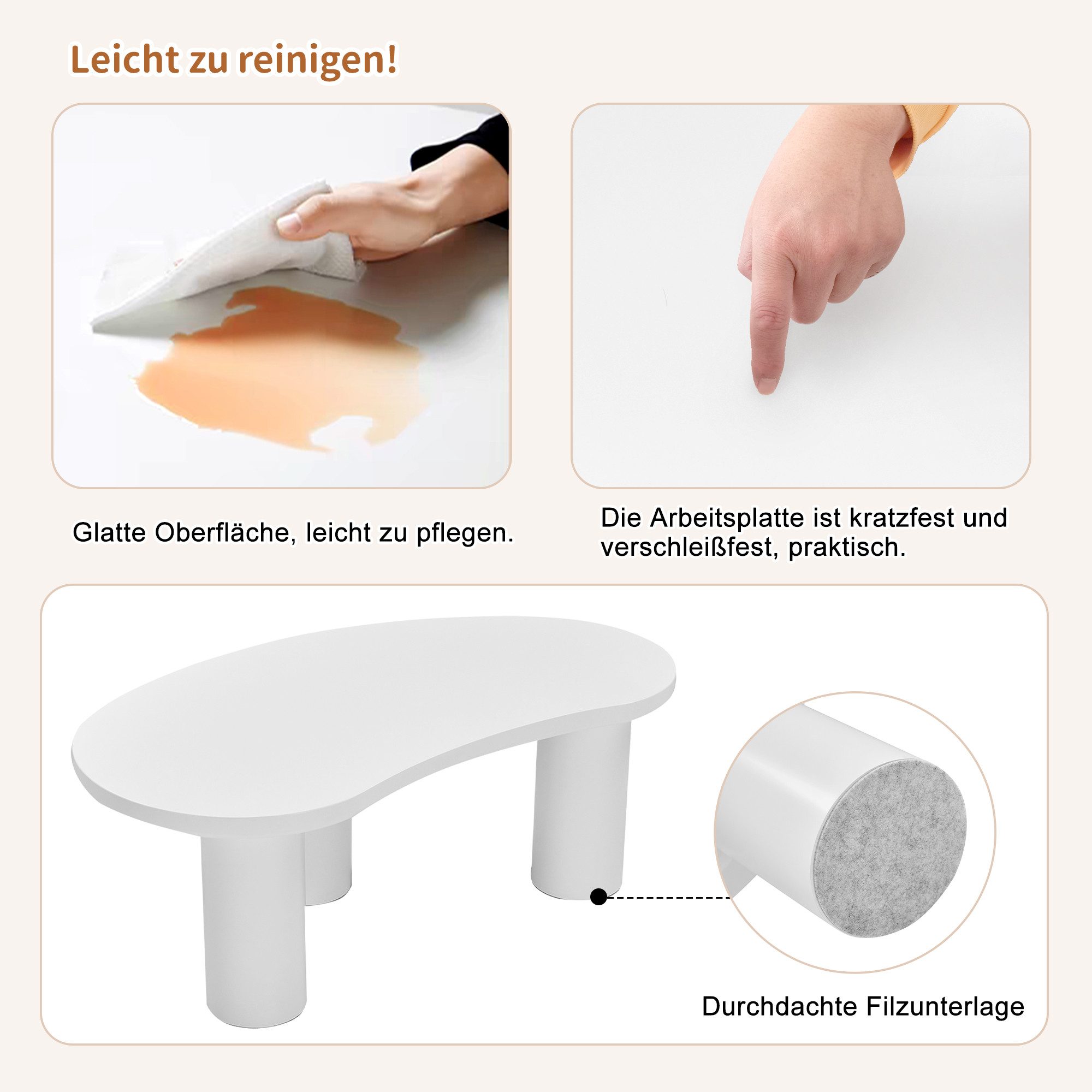 MODFU Couchtisch Beistelltisch Scandi (Wohnzimmertisch, 1-St), mit MDF-Tischplatte, PVC-Beine und Filzunterlage