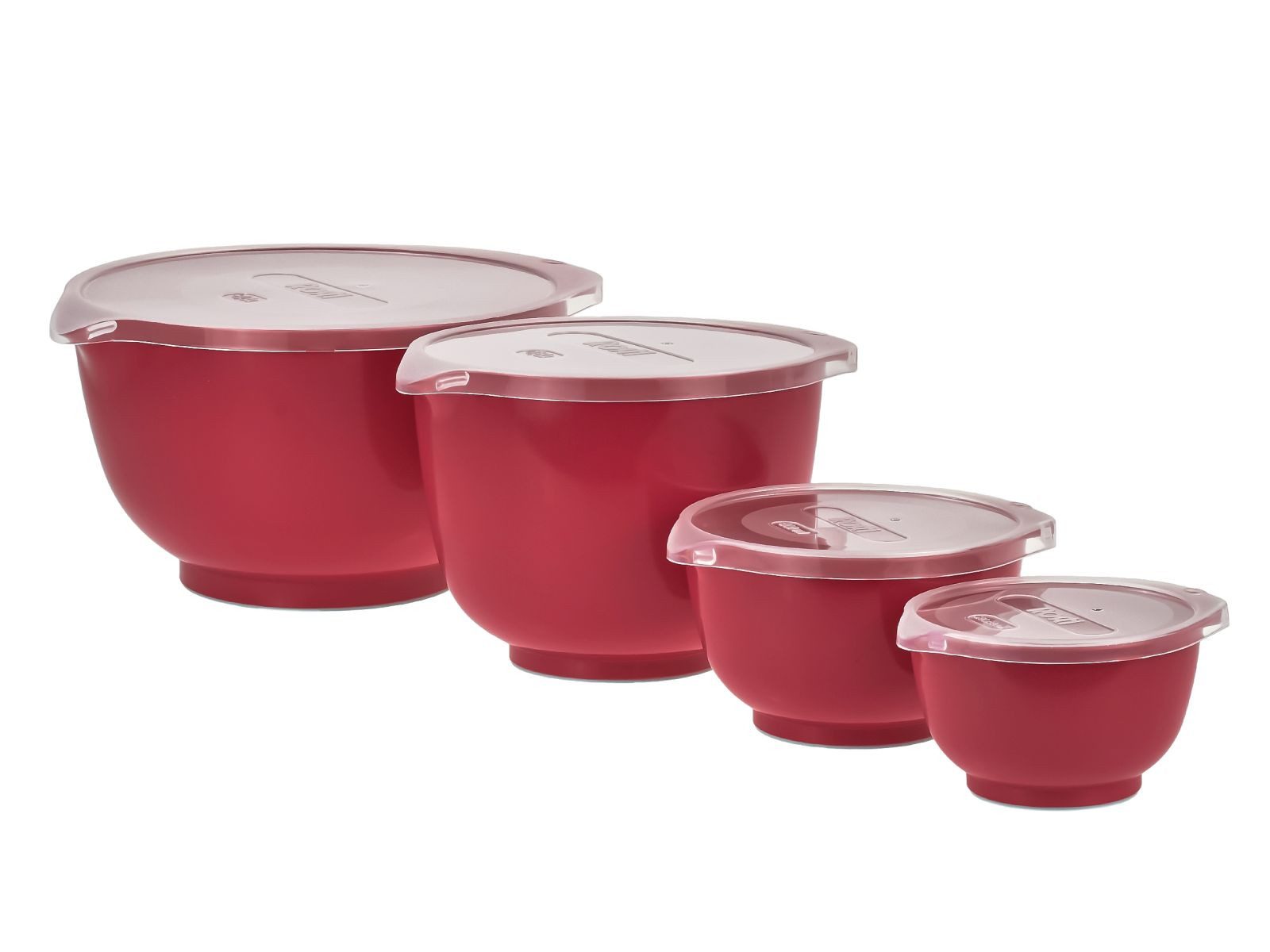 ROSTI Rührschüssel "Margrethe New" 0,25 + 0,5 + 1,5 und 3 Liter Set mit Deckel, Kunststoff, (Spar-Set, 4-tlg), spülmaschinenfest, auch für Mikrowelle und Gefrierschrank (rot)