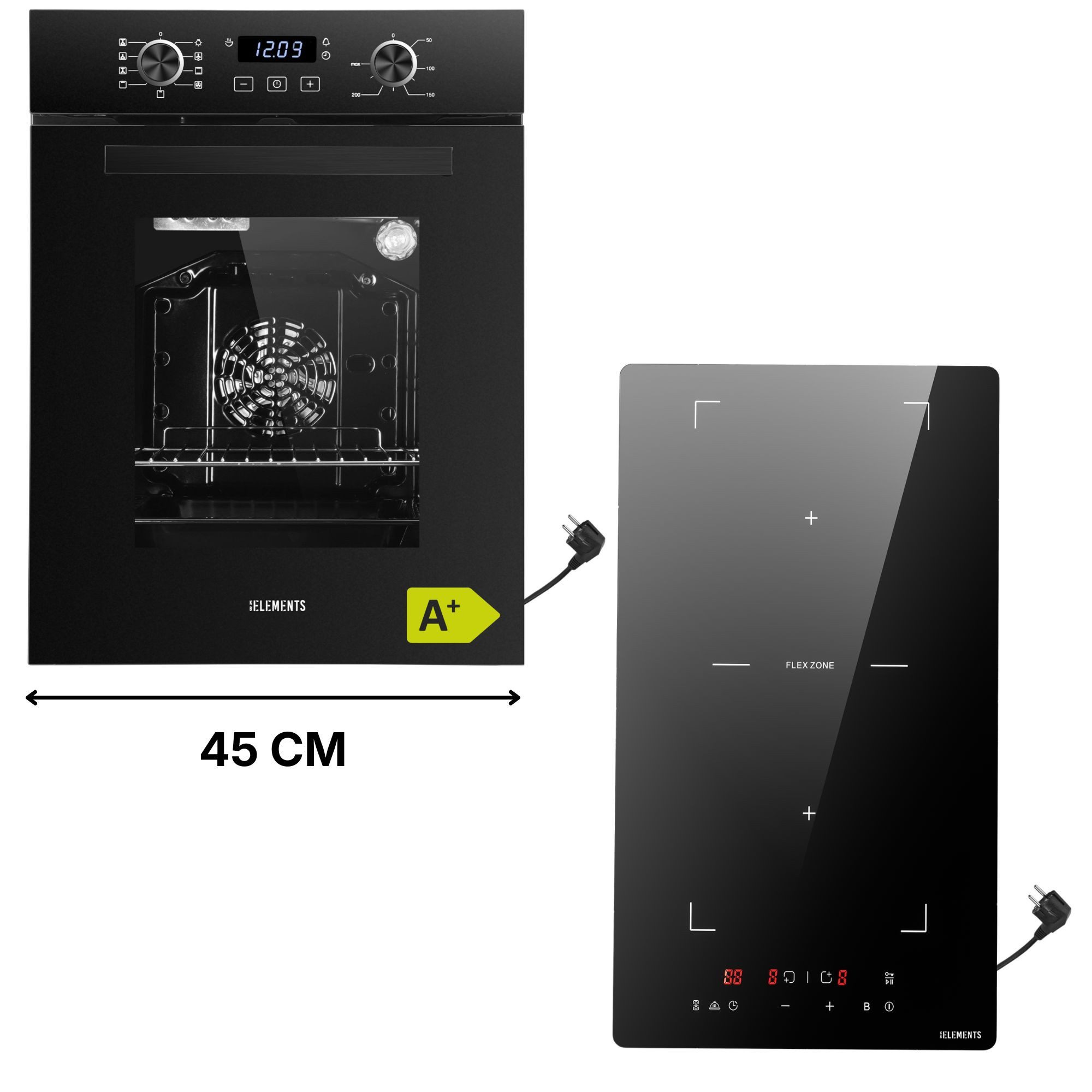 KB Elements Backofen-Set Einbaubackofen 45 cm breit mit 2-Zonen Induktionskochfeld 29cm, AQUA CLEAN, Schuko Stecker Anschuß, Flexzone, Warmhaltefunktion