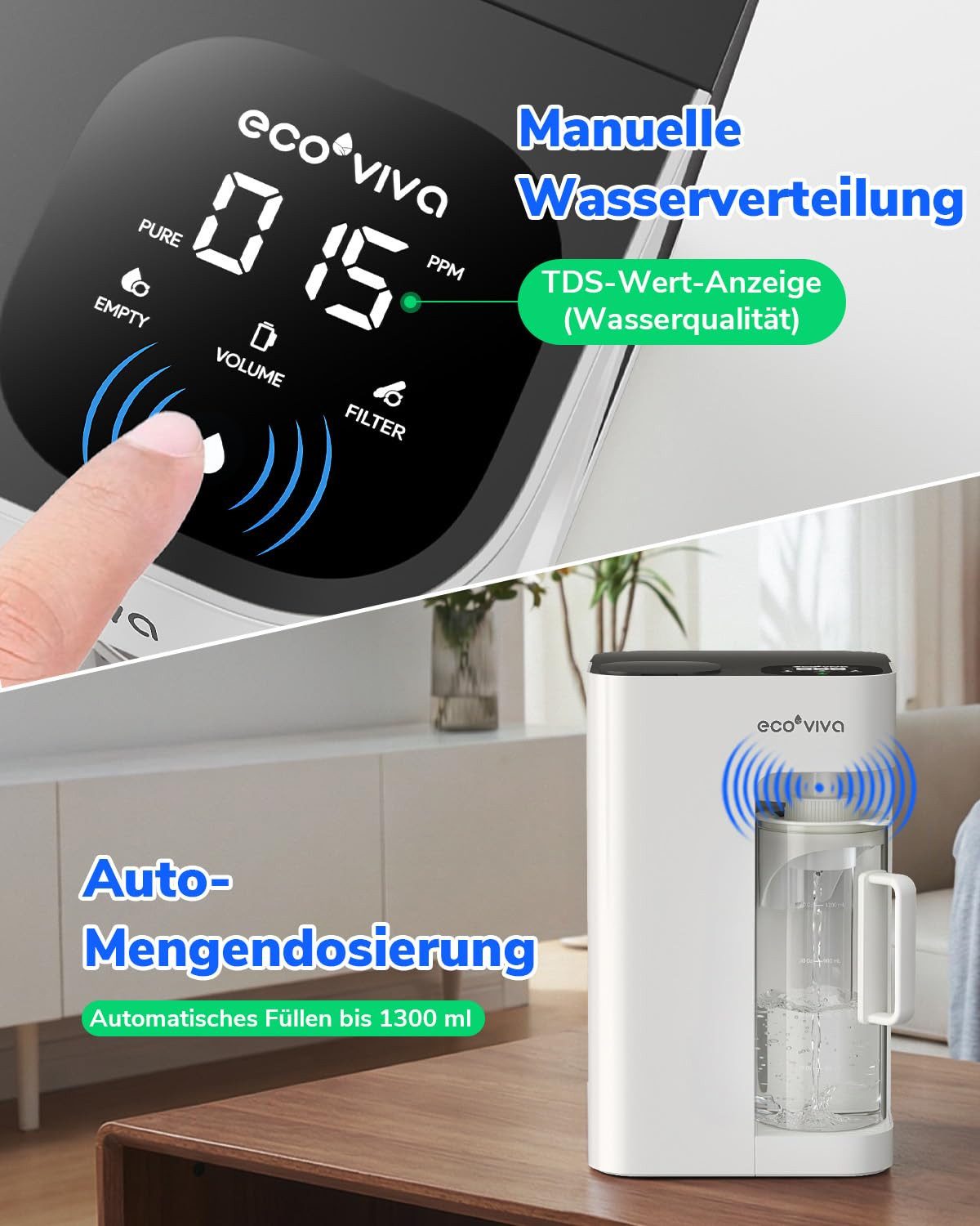 Ecoviva Wasserfilter MATE3 Osmoseanlage Trinkwasser Mit Multifunktions-Wasserkanne, 8-stufige Filtration, TDS-Monitor, Mineralien erhalten