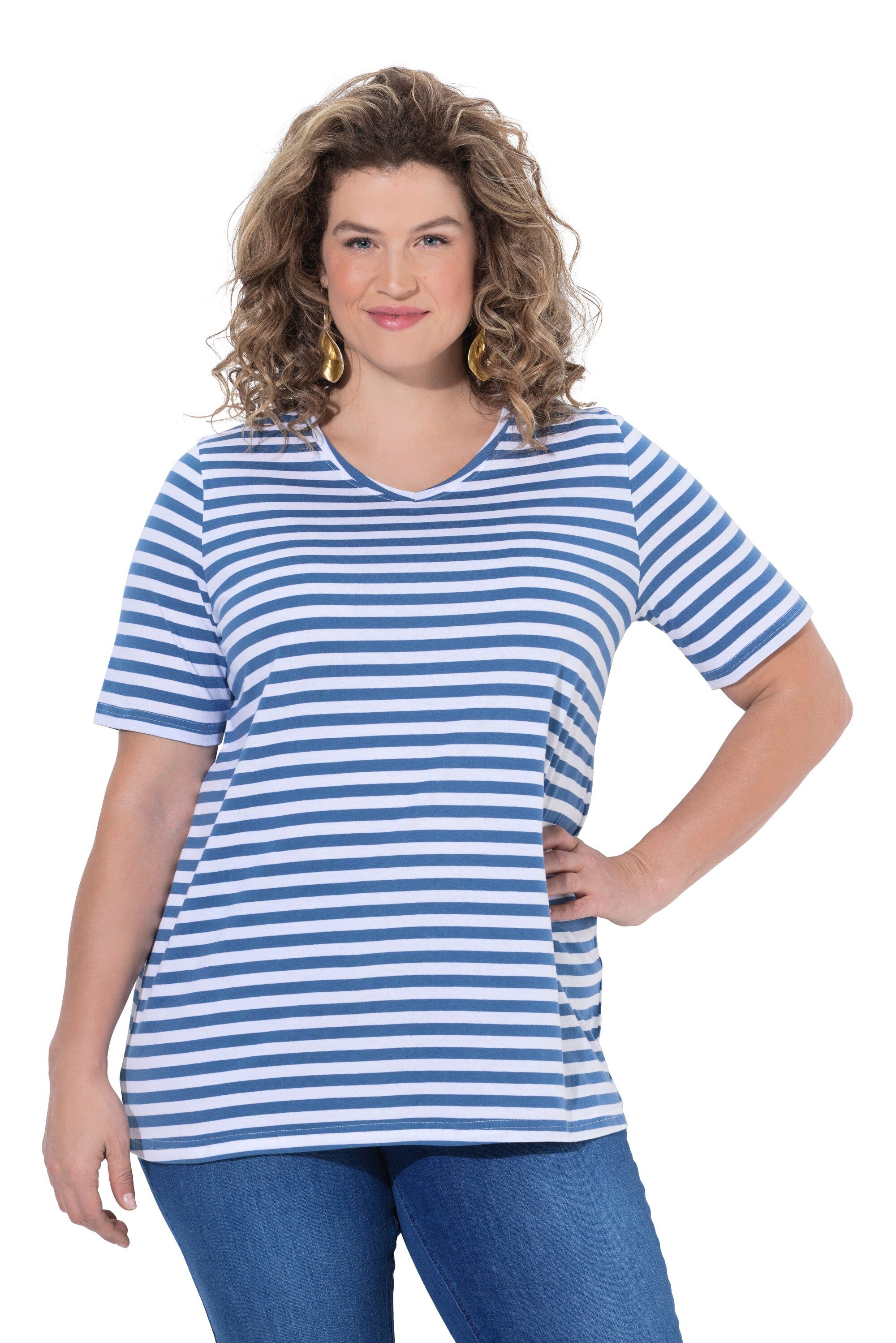 Ulla Popken T-Shirt T-Shirts 2er-Pack Ringel/uni V-Ausschnitt Halbarm günstig online kaufen