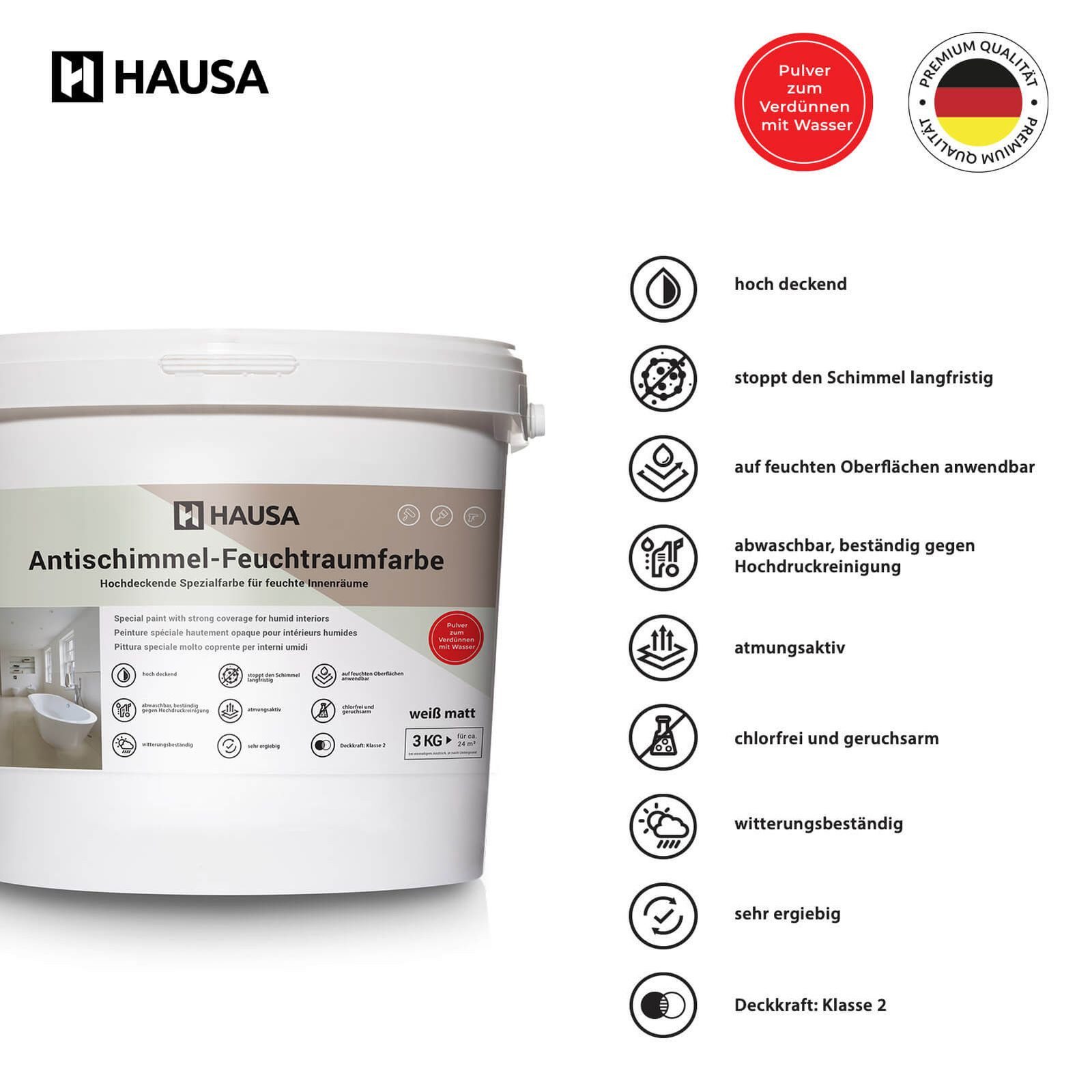 Hausa Feuchtraumfarbe Anti Schimmel Farbe weiß, Feuchtraum Wandfarbe hochdeckende Spezialfarbe für Keller Bad 3 kg