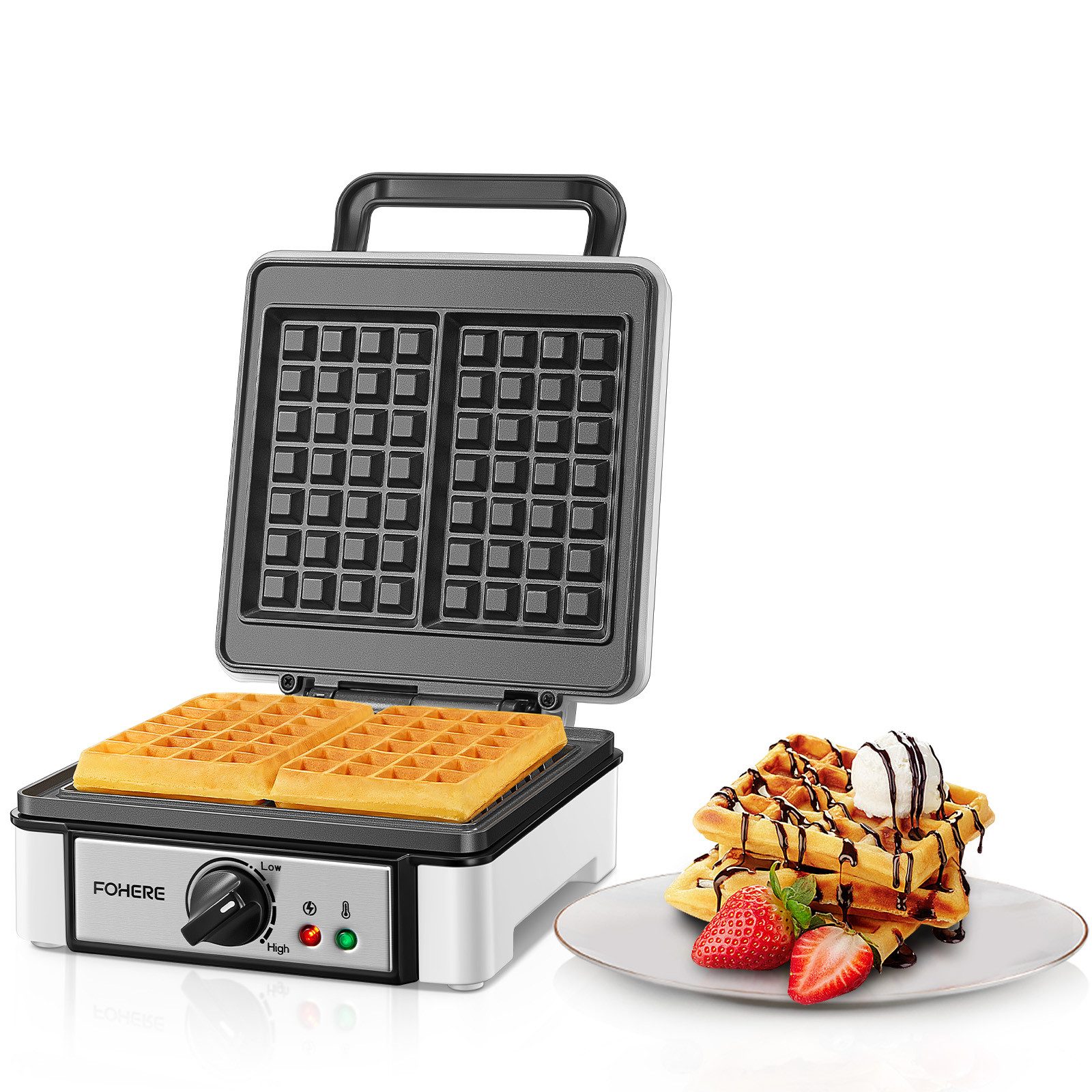 FOHERE Waffeleisen XL 2er Waffeleisen, Waffelautomat, Paninigrill, Waffeltoaster, 1200 W, Elektrogrill, Antihaftbeschicht