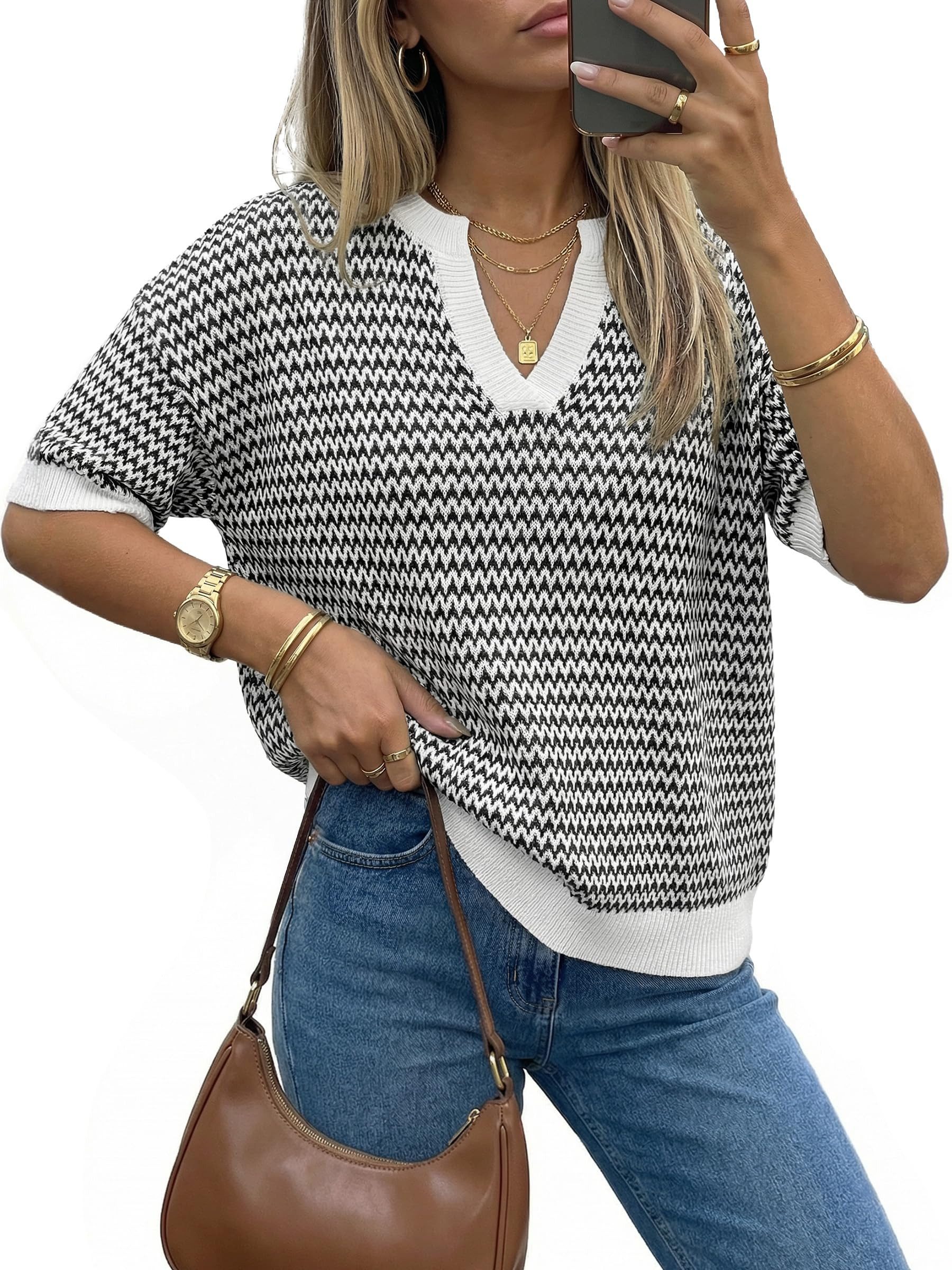 Arach&Cloz Strickpullover Damen Kurzarm-Pullover, Polo V-Ausschnitt 100% Baumwolle, Gestreift Sommer Strickshirt, Casual Top