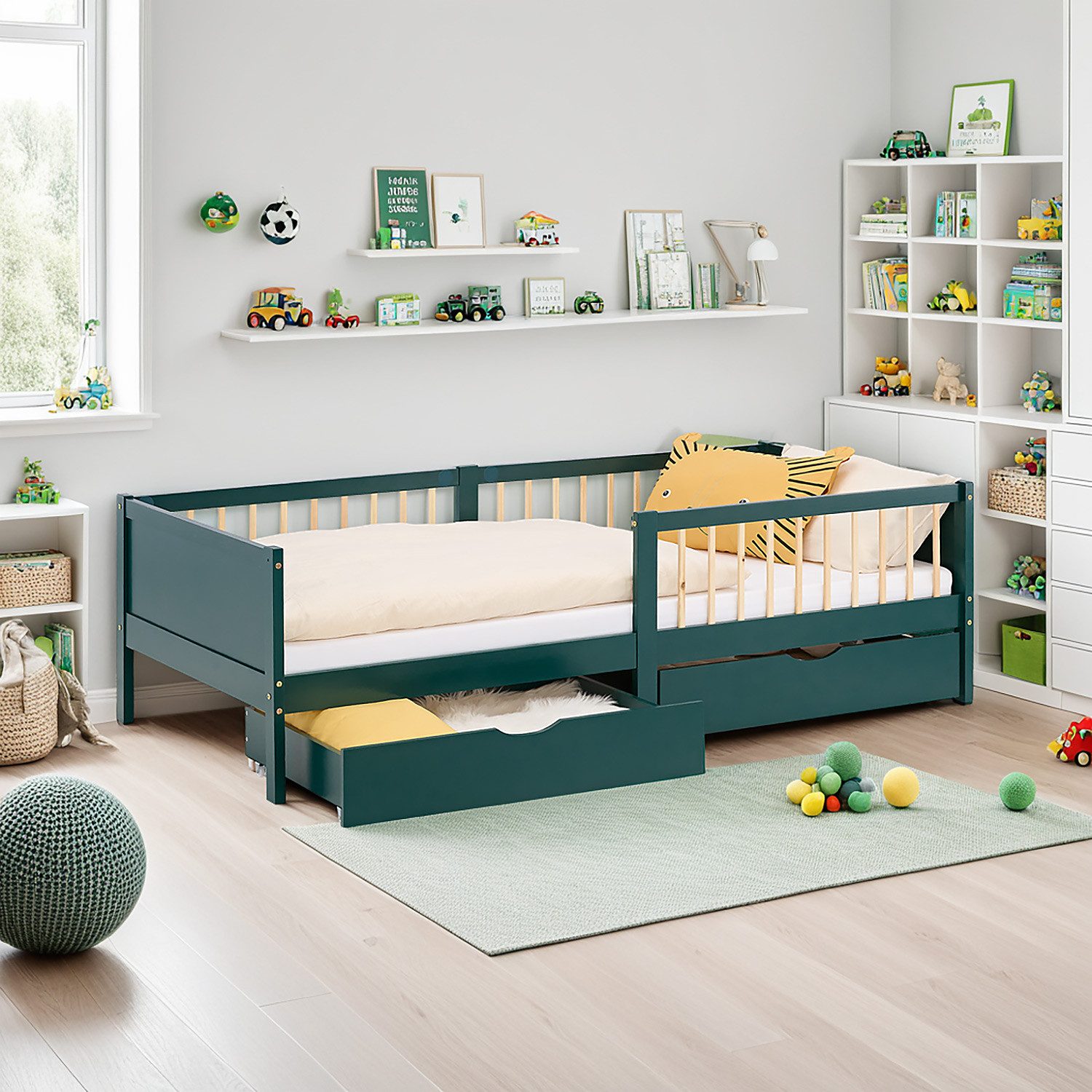Homestyle4u Kinderbett 90x200 2 Bettkästen Weiß Natur Grün Rausfallschutz Gitterbett Stauraum (Set, mit Lattenrost), Grün, Bettkasten/Schublade, Kiefer