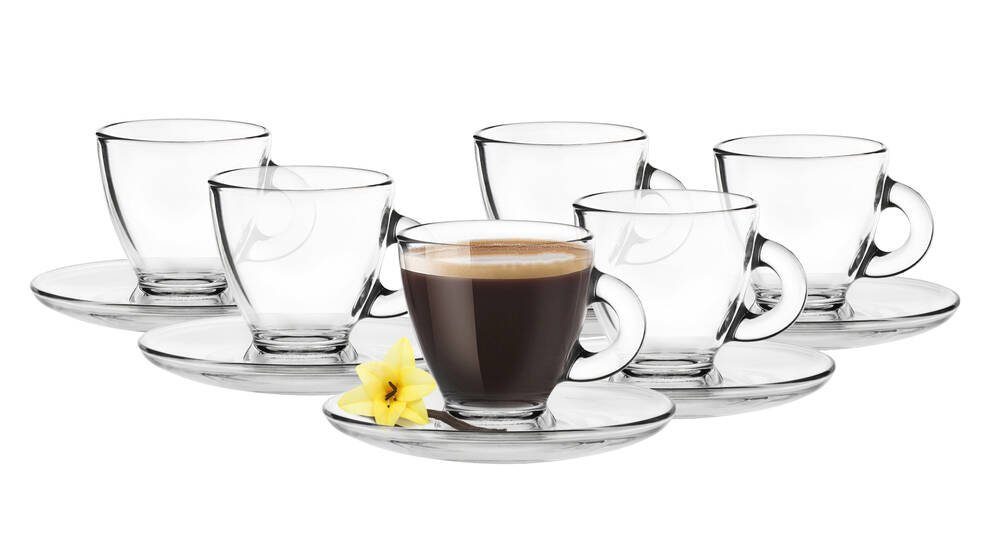 Sendez Espressotasse Tasse Espressoglas Gläser Espresso mit 6 85ml Espressotassen Unterteller 12tlg 6