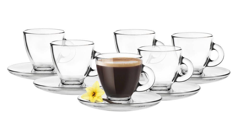Sendez Espressotasse 6 Espresso Gläser 85ml mit 6 Unterteller Tasse 12tlg Espressoglas, 12-tlg., Glas