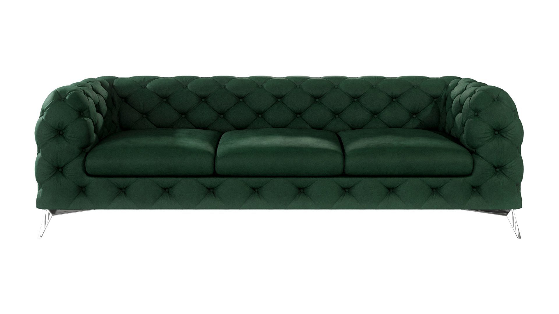 S-Style 3-Sitzer Wellenfederung Kalina mit Grün Möbel Flasche mit Chesterfield Metall Sofa Füßen, Silber