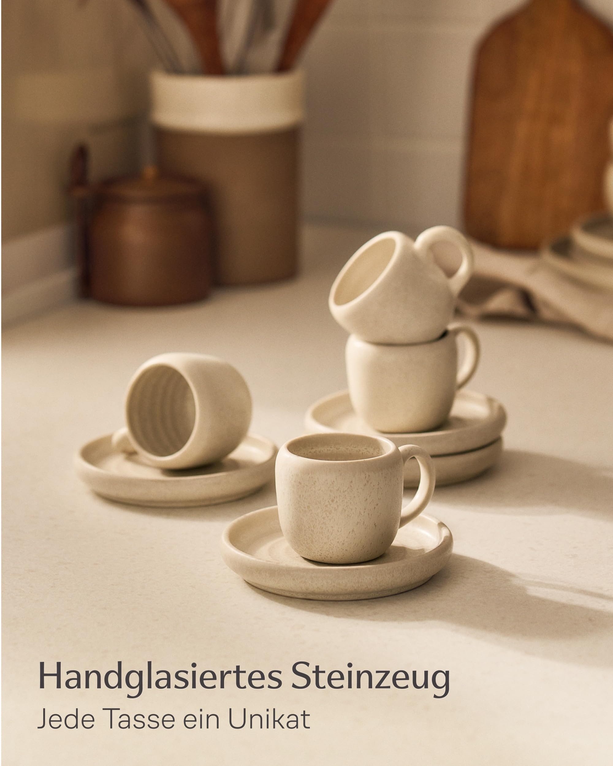 Cosumy Espressotasse 4er Espressotassen Set mit Untertassen Weiß – 90 ml Keramik Espresso, 4-tlg., Steingut, Handglasiert, Spülmaschinenfest & Mikrowellengeeignet, 4er Set