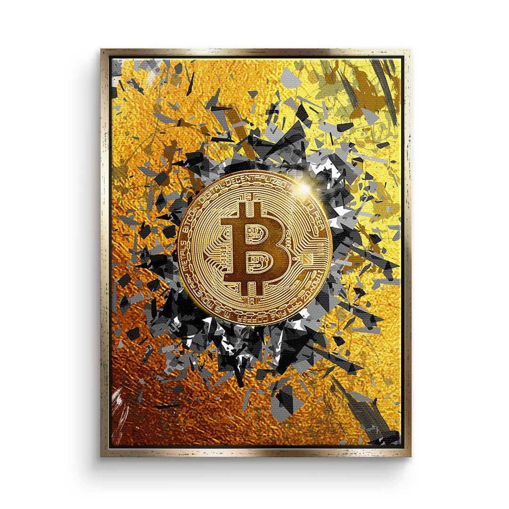 DOTCOMCANVAS® Leinwandbild Bitcoin Explosion, Premium Leinwandbild - Crypto - Bitcoin Explosion - Trading - Motivat goldener Rahmen