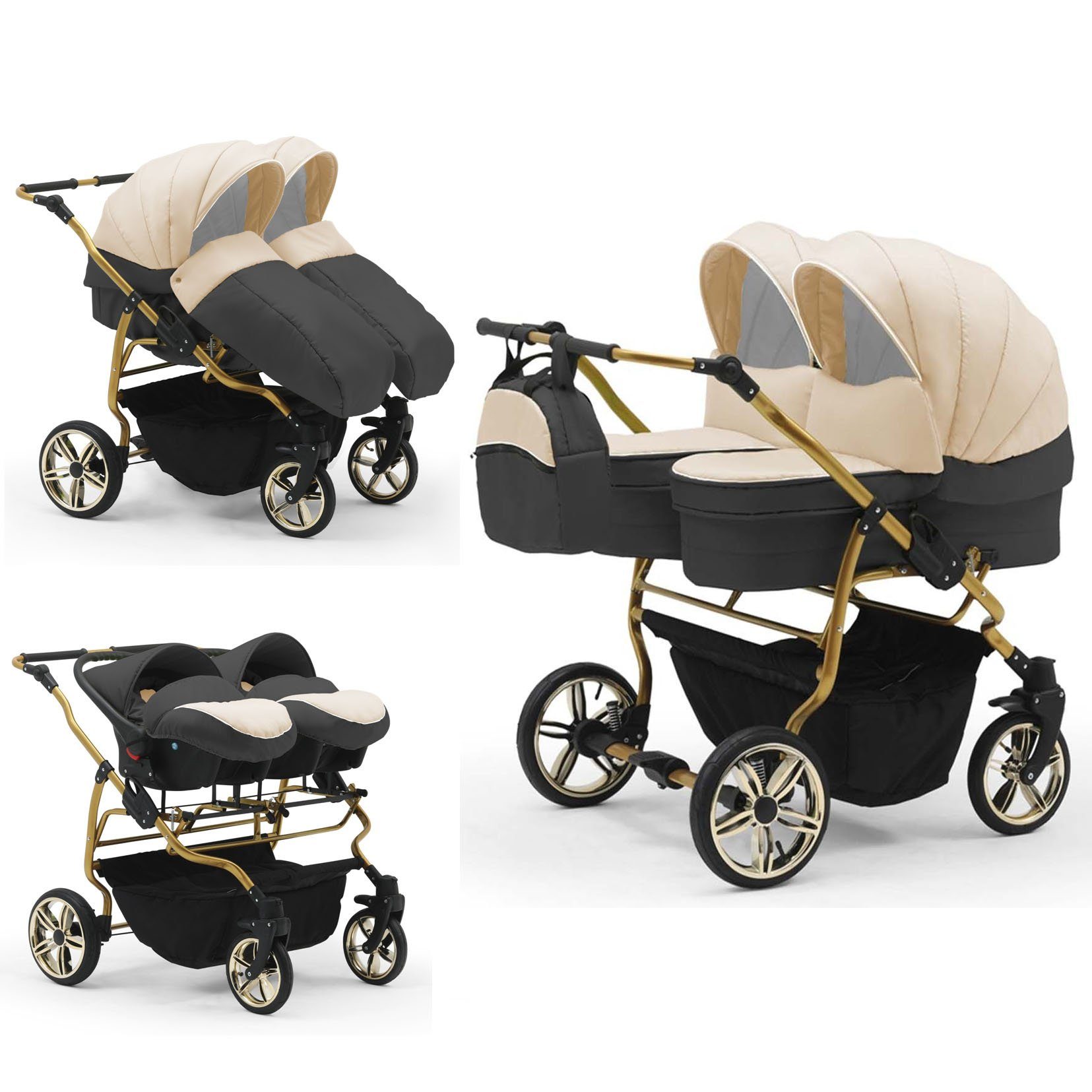 babies-on-wheels Zwillingswagen Duet Lux Gold 3 in 1 inkl. Autositze - 13 Teile - in 33 Farben Creme-Grau