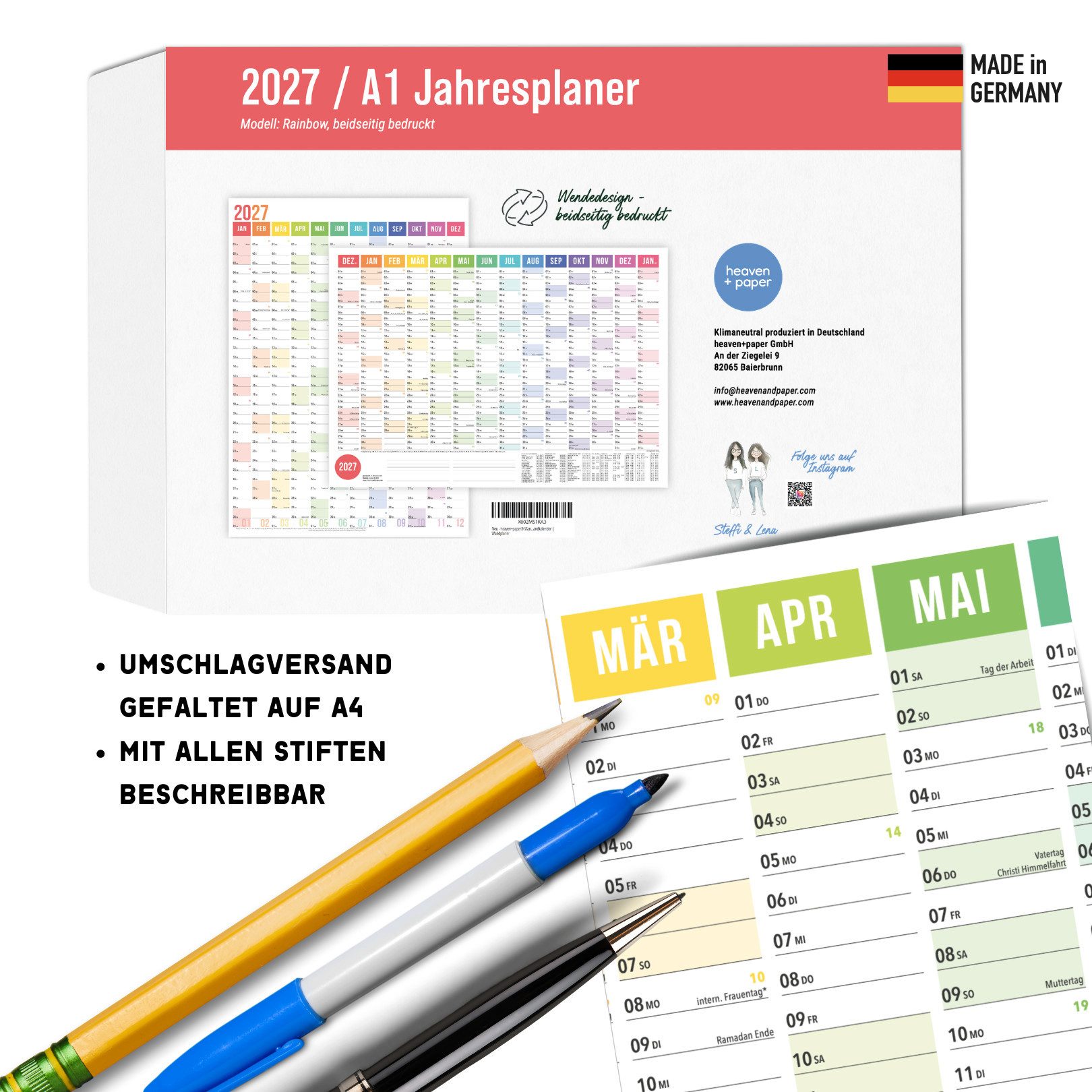 heaven+paper Jahresplaner Wandplaner 2027 Regenbogen – DIN A1, beidseitig bedruckt, Hergestellt in Deutschland – Bild 3 von 5