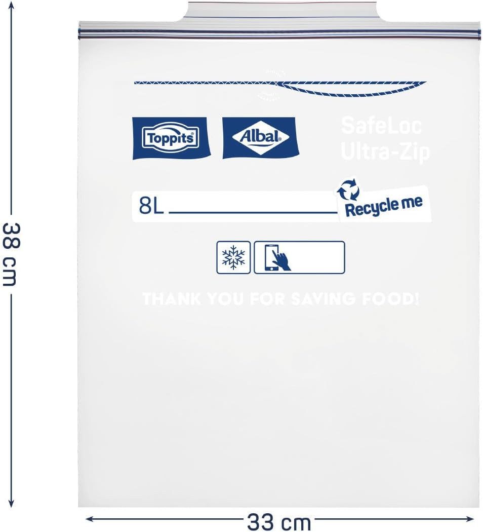 Toppits Gefrierbeutel 1x Toppits Doppelverschluss Gefrierbeutel SafeLoc - 6 x 8L, Extra dick & reißfest, Transparent, Ideal für Lebensmittelaufbewahrung