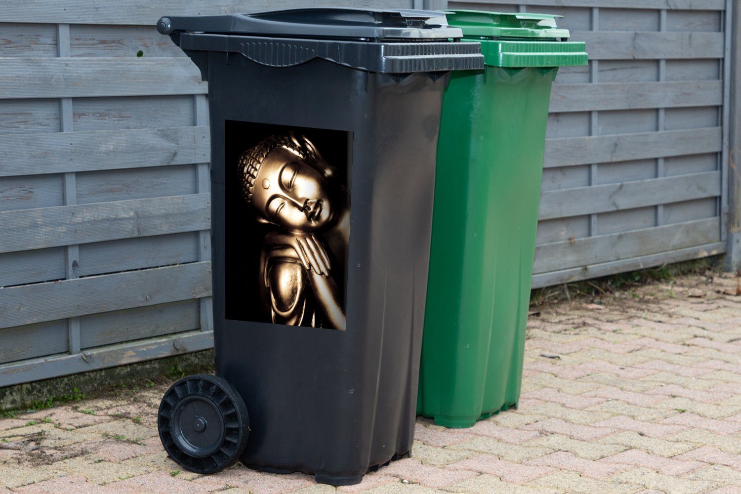 (1 Mülltonne, Gold Sticker, Buddha Schwarz - Container, St), - MuchoWow Wandsticker Abfalbehälter Mülleimer-aufkleber,
