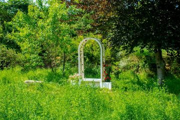 KHW Gartenbank Brüssel, mit Rosenbogen und zwei Pflanzkästen, weiß