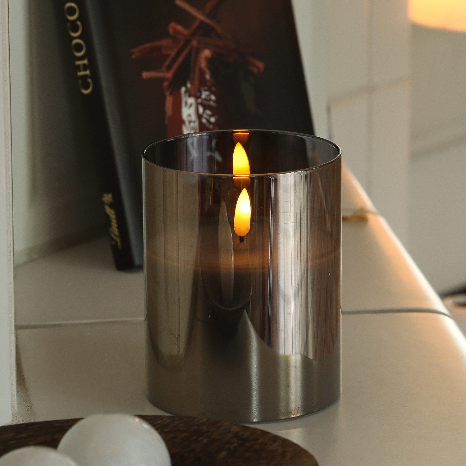 MARELIDA LED-Kerze im Glas LED Windlicht Echtwachs Timer H: 12,5cm D: 10cm grau, LED Classic, warmweiß (2100K bis 3000K)
