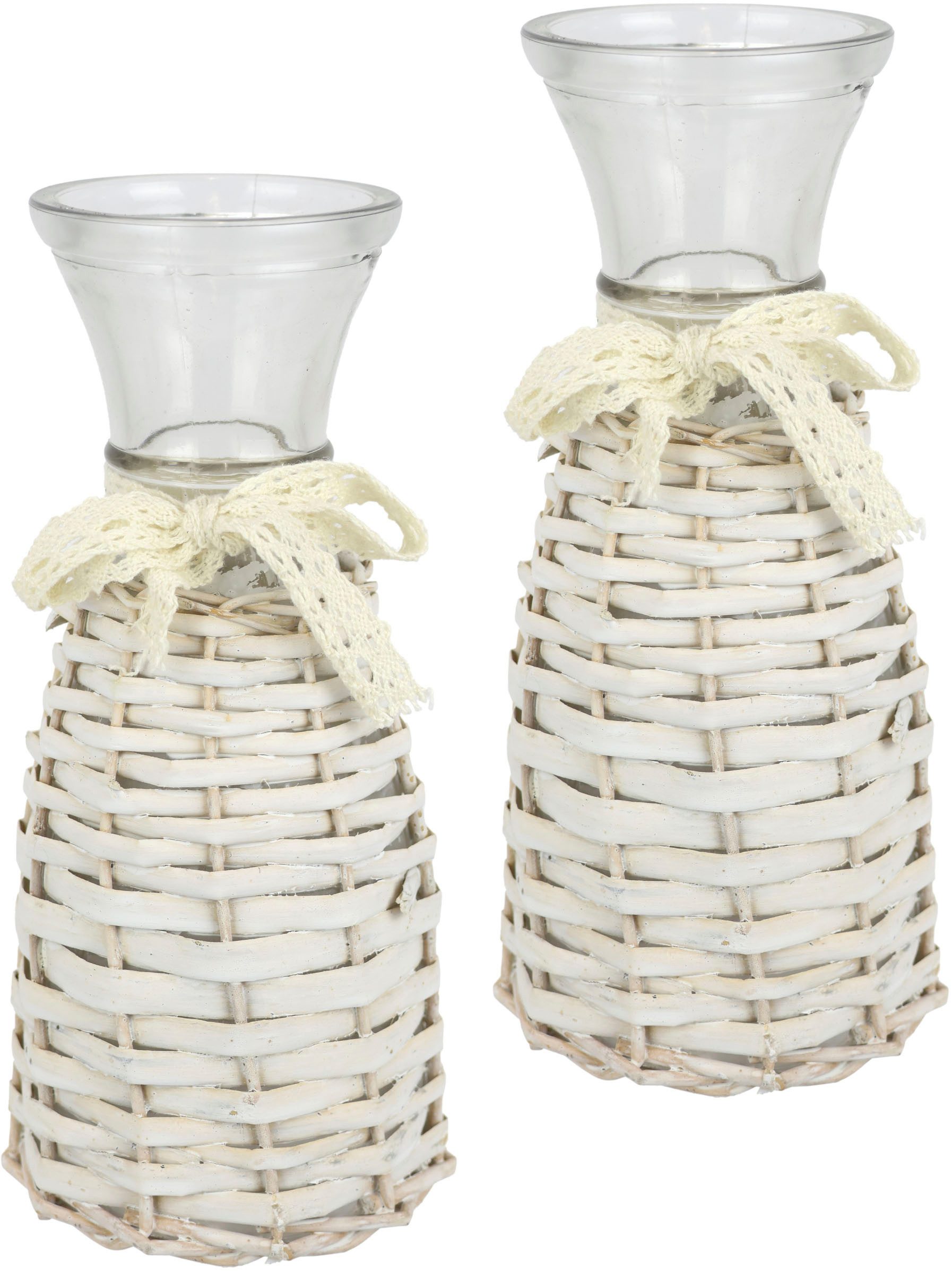 I.GE.A. Dekovase Glasvase (2 St), 2er Set mit Weidekorb und Spitze Rattangeflecht Vintage Blumenvase