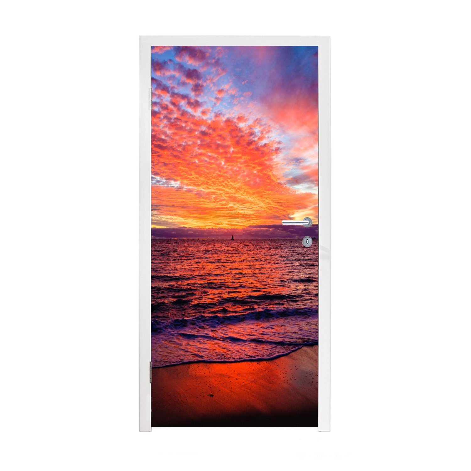 MuchoWow Türtapete Sonnenuntergang - Strand - Rot, Matt, bedruckt, (1 St), Fototapete für Tür, Türaufkleber, 75x205 cm | Türtapeten